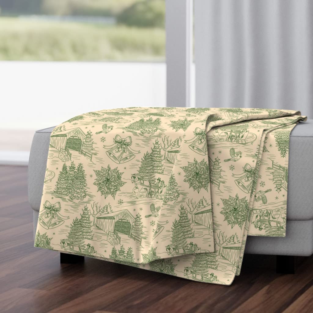 Luxe Velvet Throw Blanket 50x70 Inches - Christmas Sleigh Toile Green Cardinal Trees Print | Soft Cozy Blanket for Sofa, Bed, Couch & Winter Decor