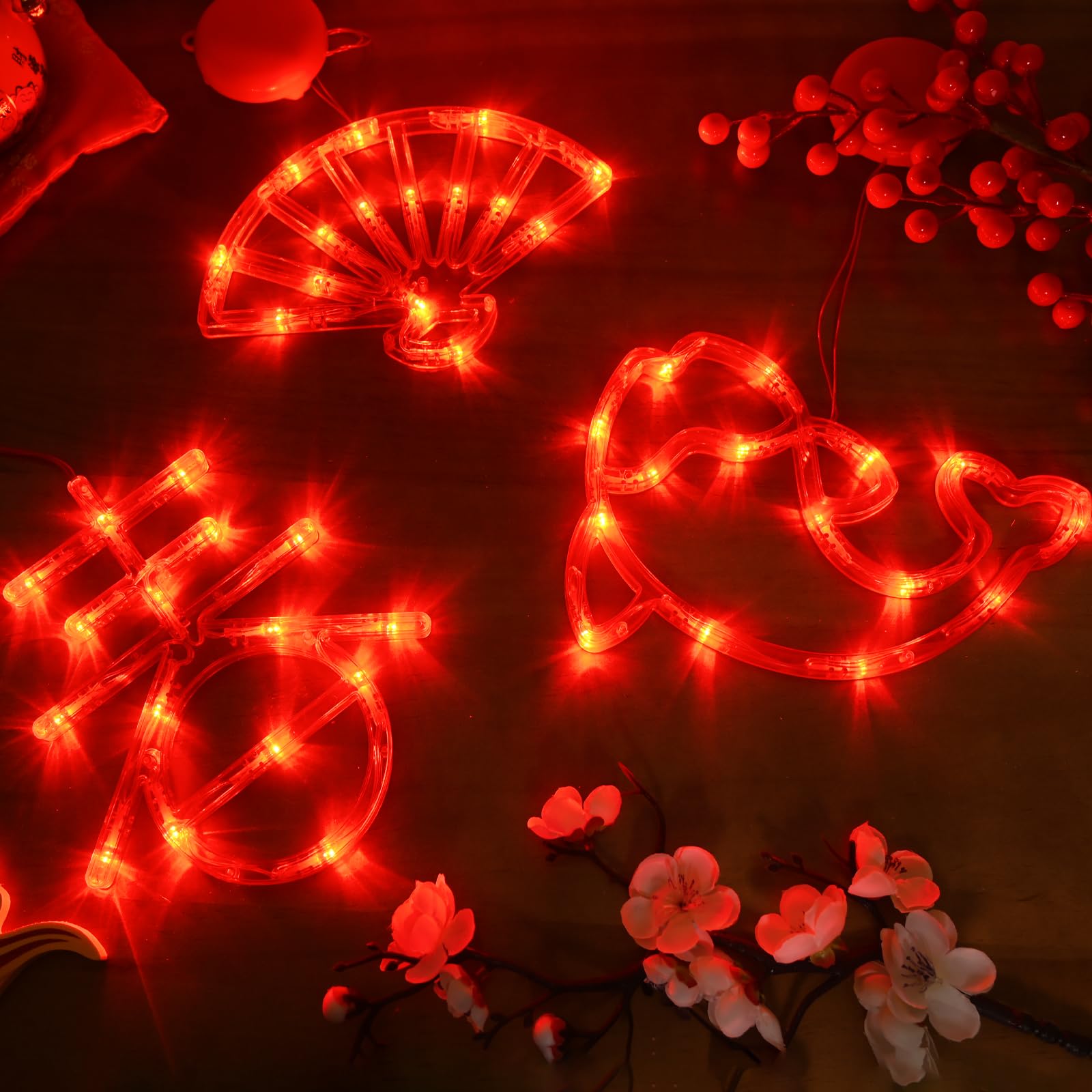 LOLStar 2025 Chinese New Year Decorations - 3 Pack Red Lunar New Year Window Lights with Chinese Fan, Spring (Chun) & Koi Fish Design | Battery Operated Hanging Lights with Suction Cups | Perfect for Spring Festival Home Decor, Party Supplies & Asian Holiday Celebrations