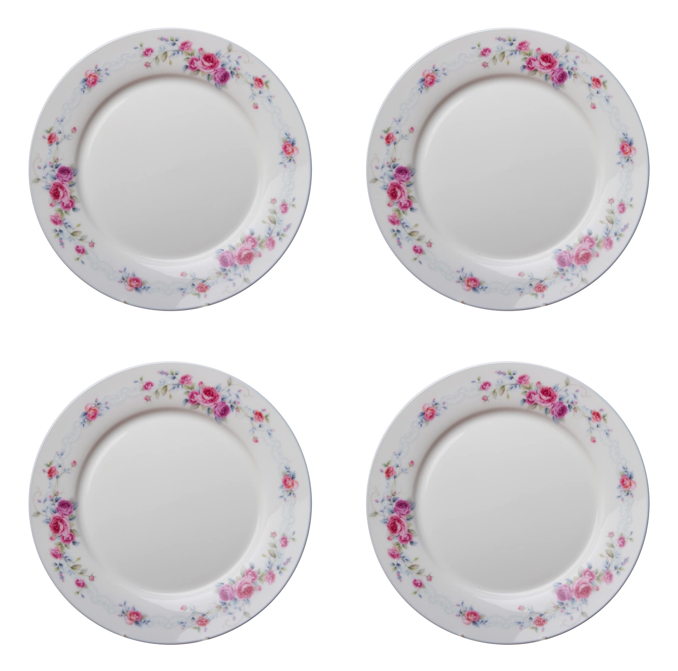 Gracie Bone China 8-Inch Dessert and Salad Plates Set of 4 - Pink and Blue Floral Charm Border, Elegant Claudia's Garden Design for Tea Parties, Weddings, and Special Occasions