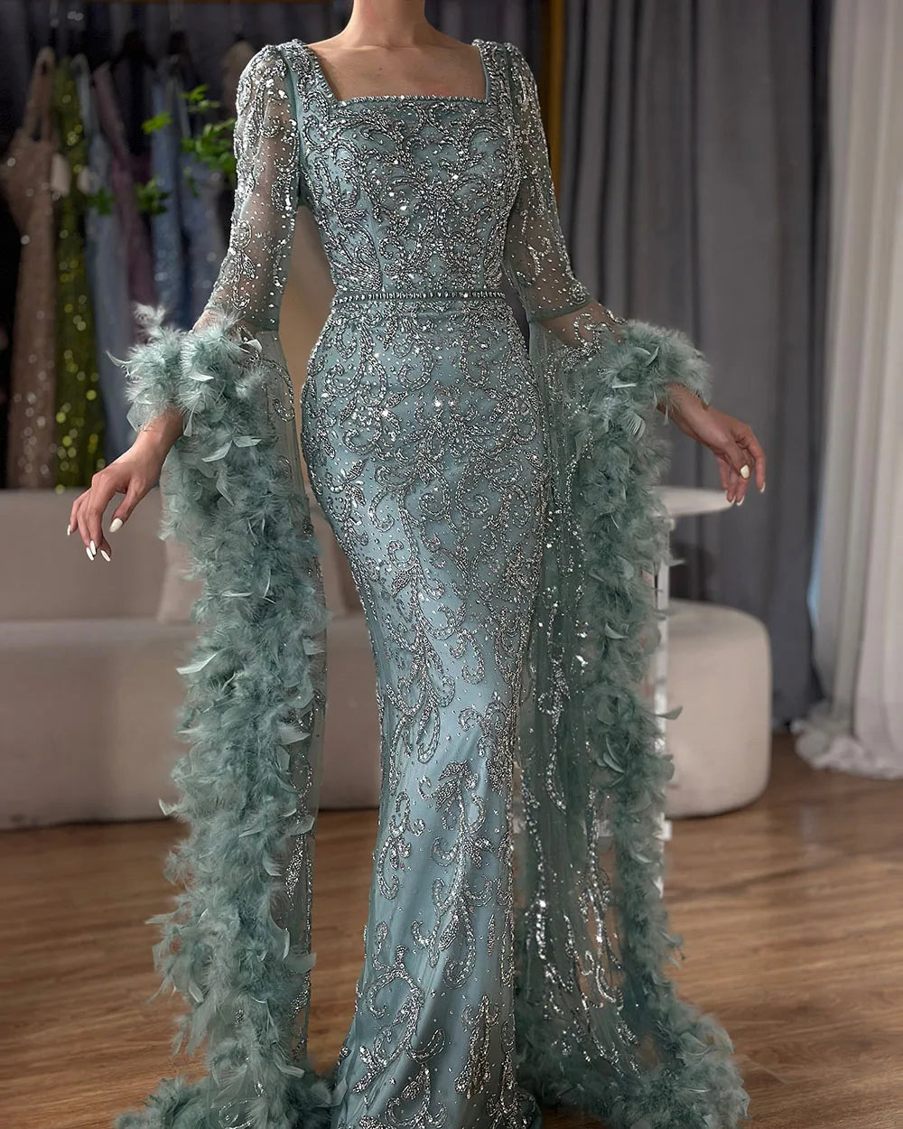 Luxury Dubai Flared Sleeves Mermaid Evening Gown with Turquoise Beads & Feathers - Formal Dresses for Prom, Gala & Special Occasions - LA72767