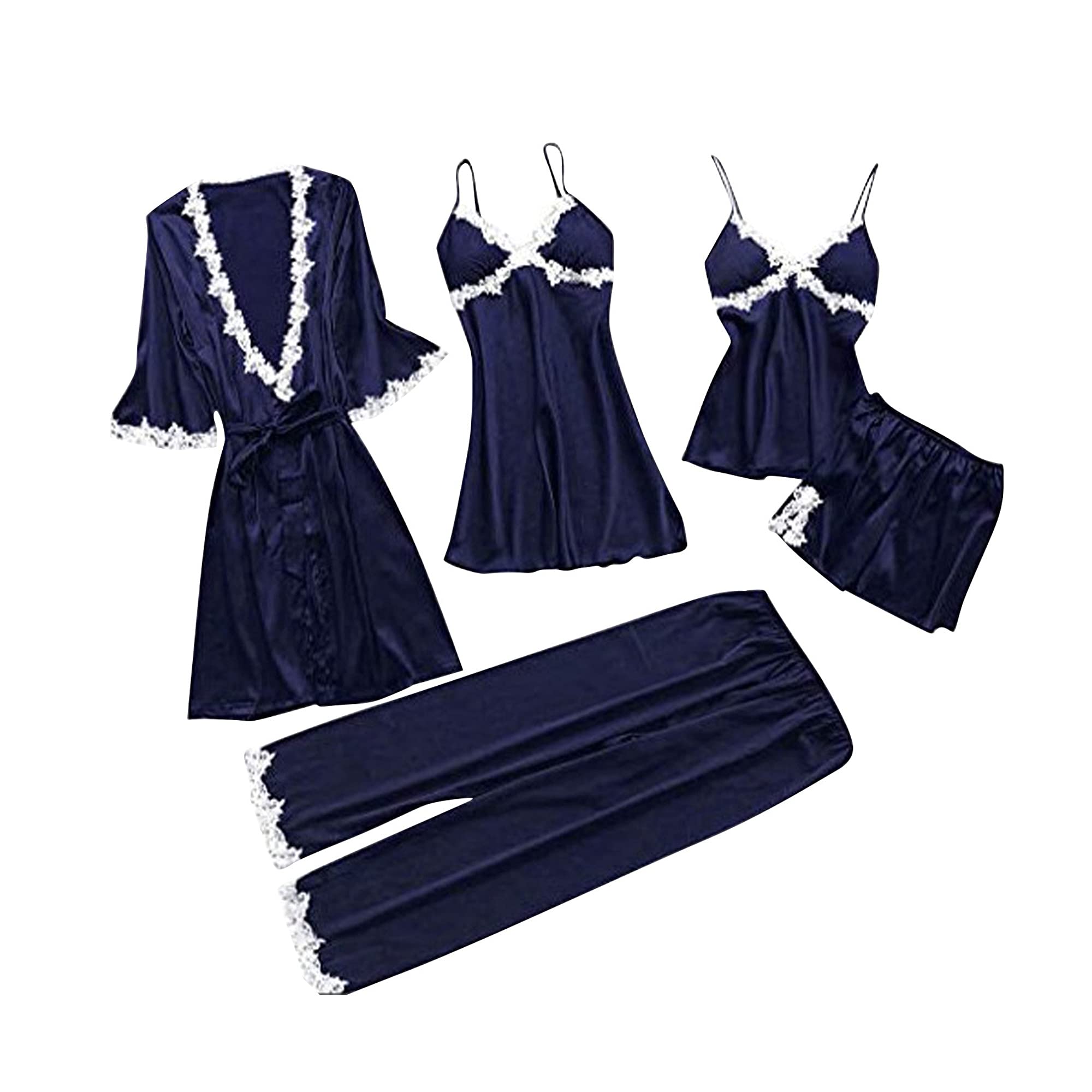 Women's 5-Piece Floral Lace Trim Satin Sleepwear Set - Sexy Cami Top & Nightgown with Robe - Plus Size Silk Pajamas for Comfortable Nights & Romantic Evenings