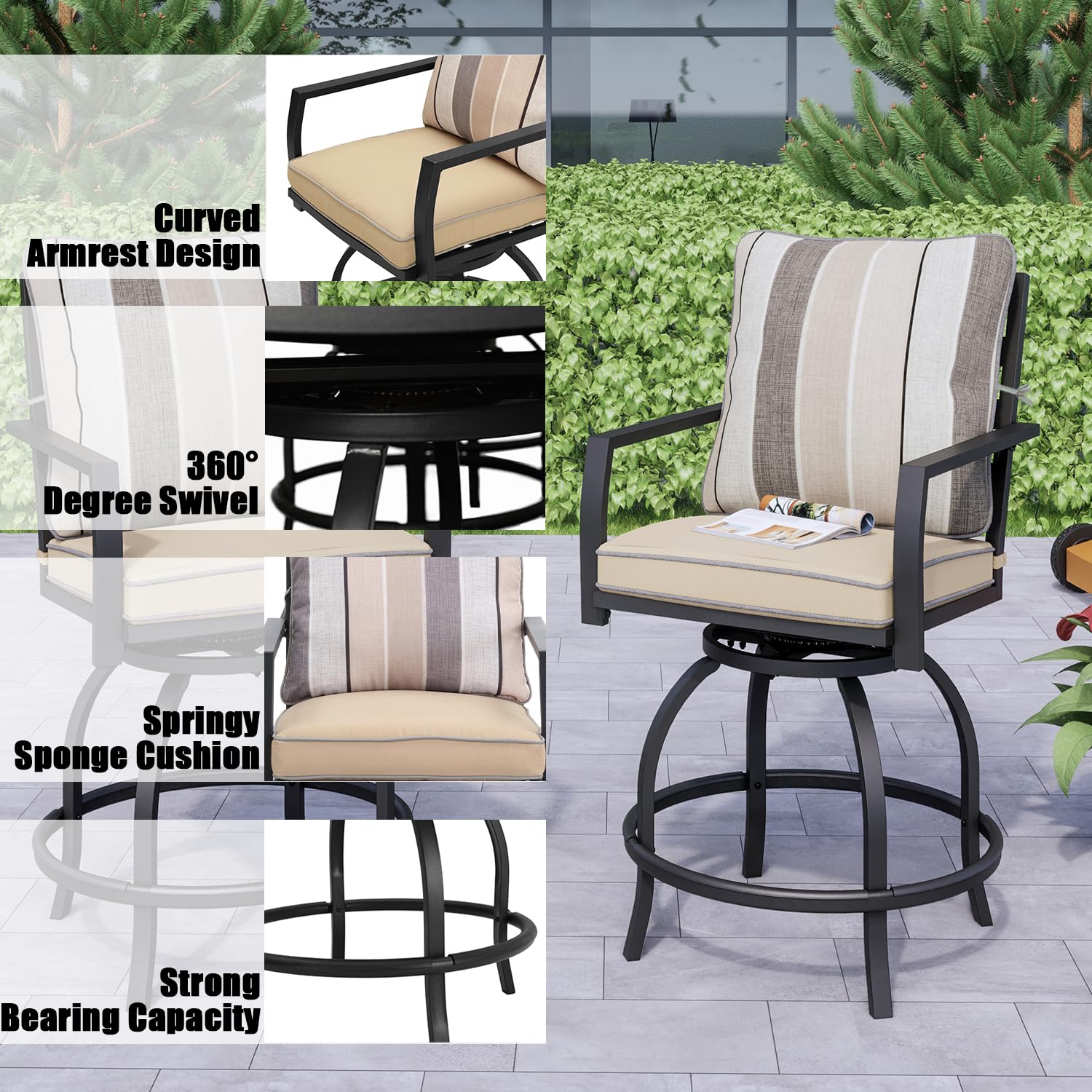 **PatioFestival Outdoor Swivel Bar Stools Set of 2 - Bar Height Patio Chairs with Cushion & All-Weather Steel Frame, Beige - Perfect for Backyard, Deck, Poolside & Outdoor Entertaining**