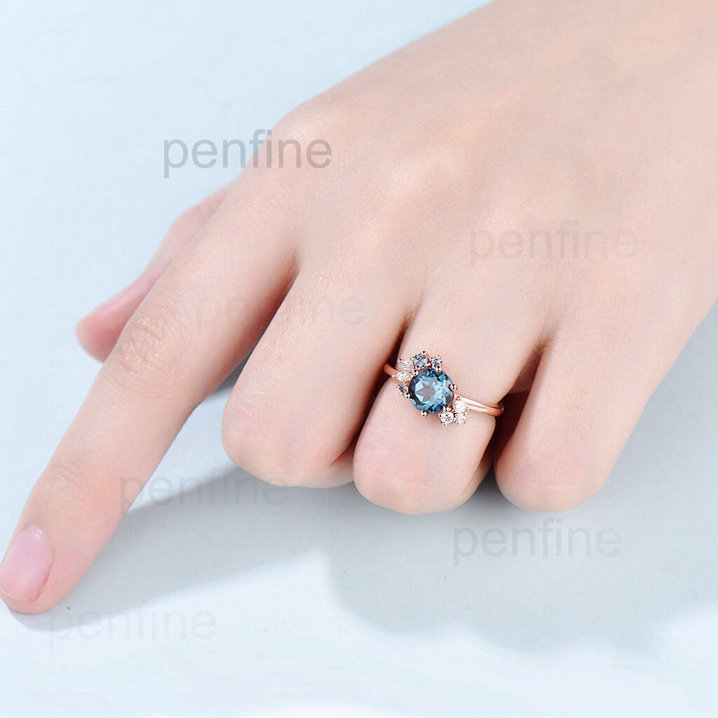 7mm Round Cut Alexandrite Engagement Ring for Women - June Birthstone, Moissanite Cluster Marquise Wedding Band - Perfect for Anniversaries, Promises & Special Occasions
