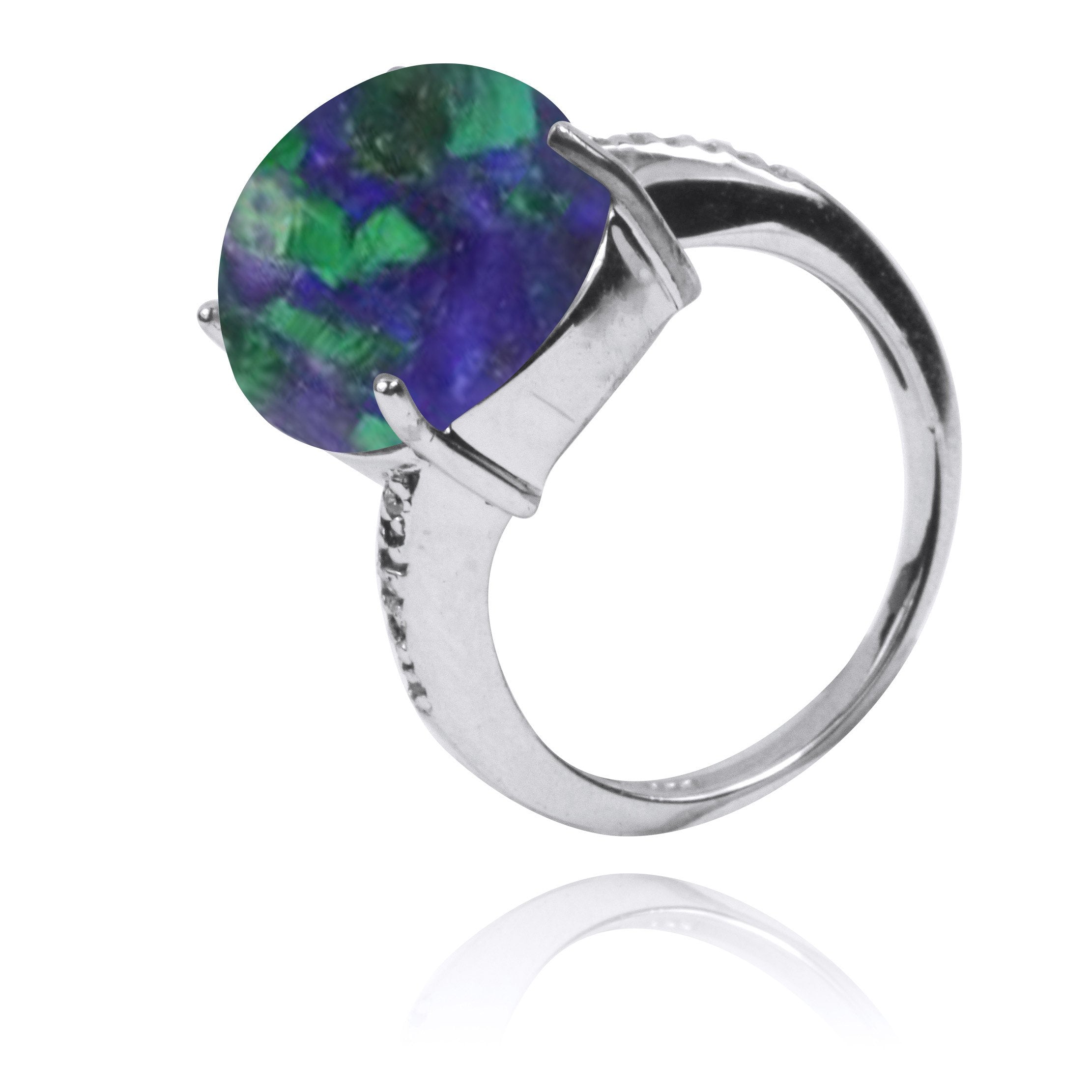Azurite Malachite Gemstone Ring with 14 Round White CZ Stones - Elegant Birthstone Jewelry for Women, Perfect Gift for Anniversary, Birthday & Special Occasions