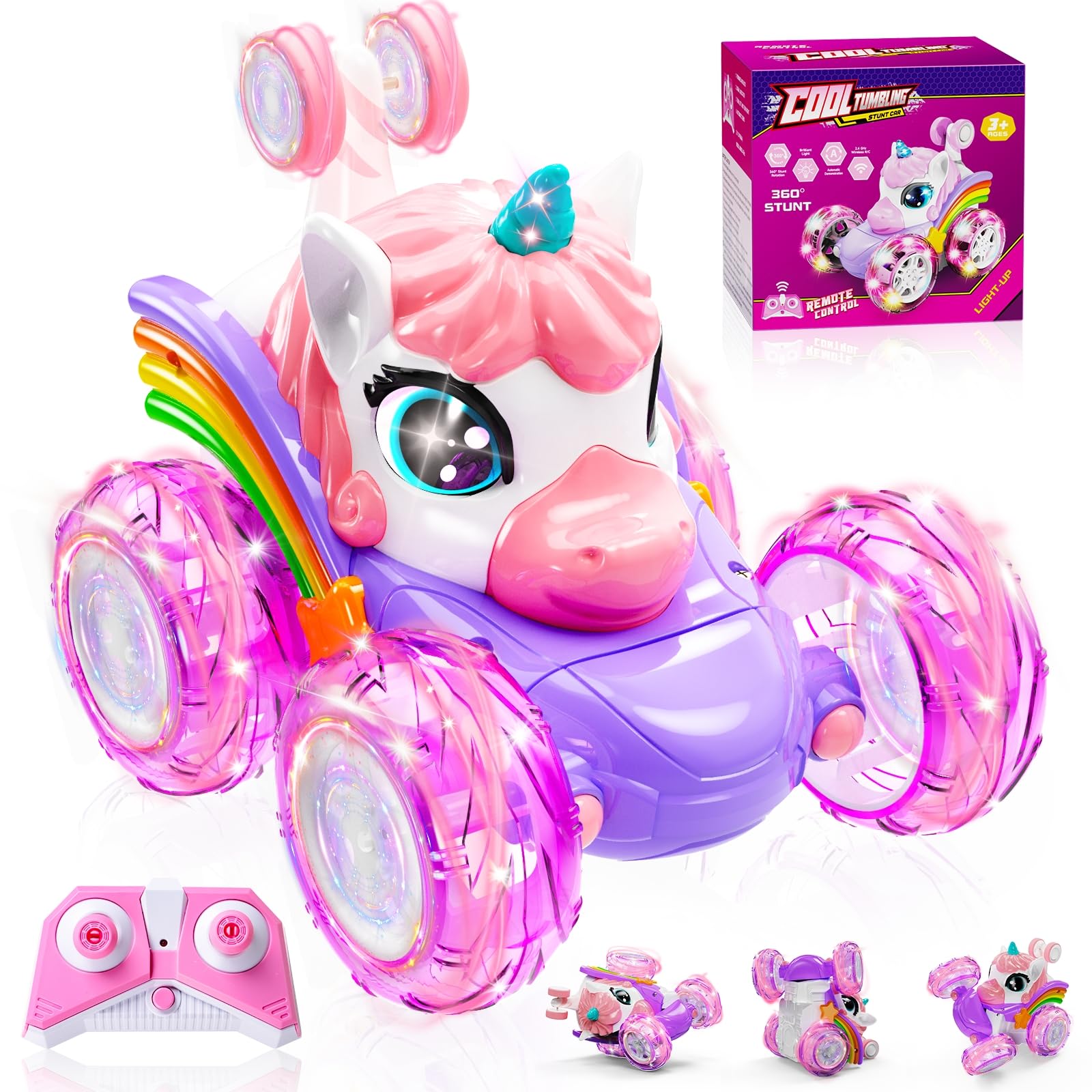 Unicorn Remote Control Car for Girls - 360° Rotating 4WD Stunt RC Toy with LED Lights, Rechargeable Battery - Perfect Birthday Gift for Kids Ages 3-8 | Indoor & Outdoor Play, Party Favors, STEM Learning Toy