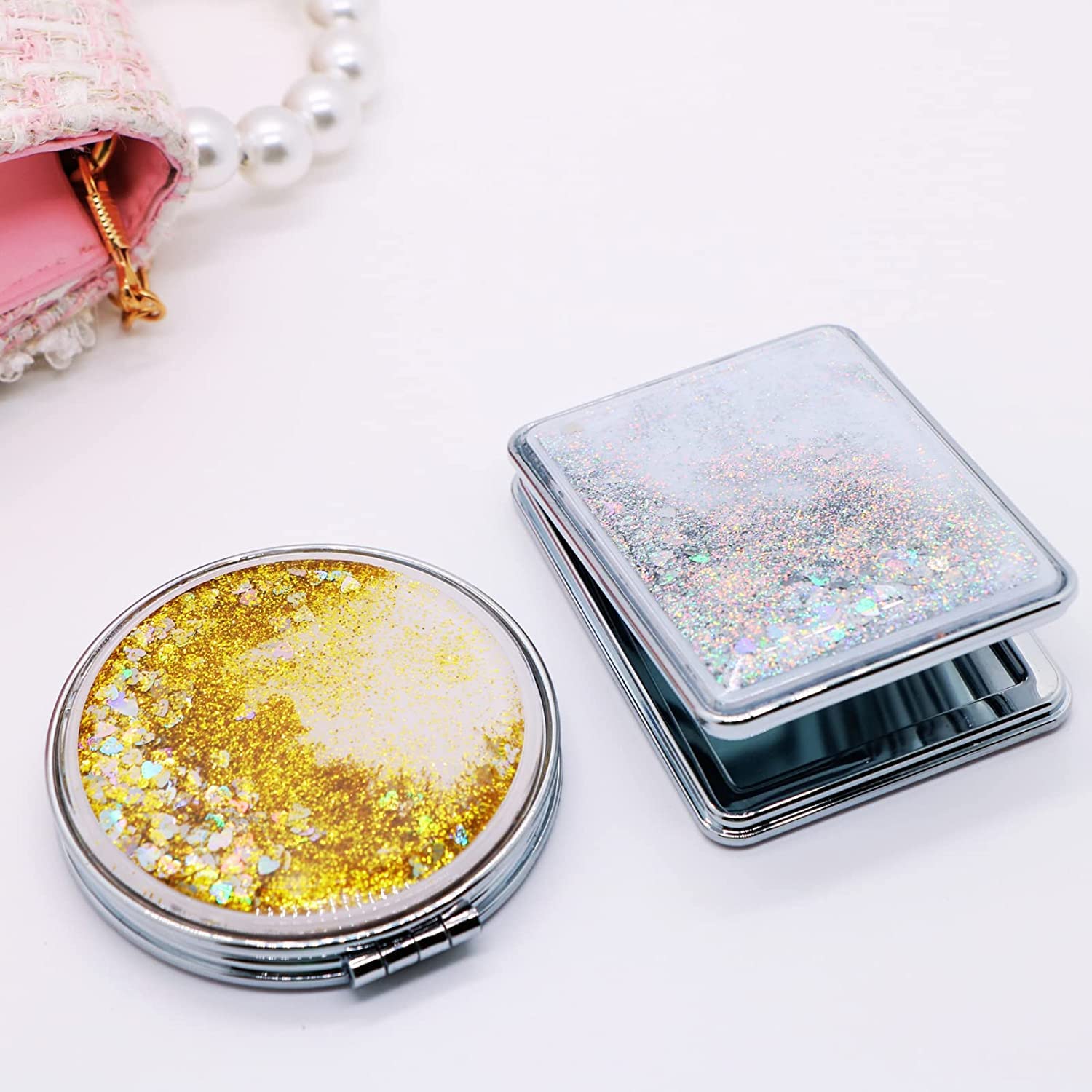 MEPOINT 2-Piece Compact Mirror Set - Round & Rectangle Folding Pocket Makeup Mirror with 1x/2x Magnification for Women | Perfect for Purse, Travel, and On-the-Go Touch Ups