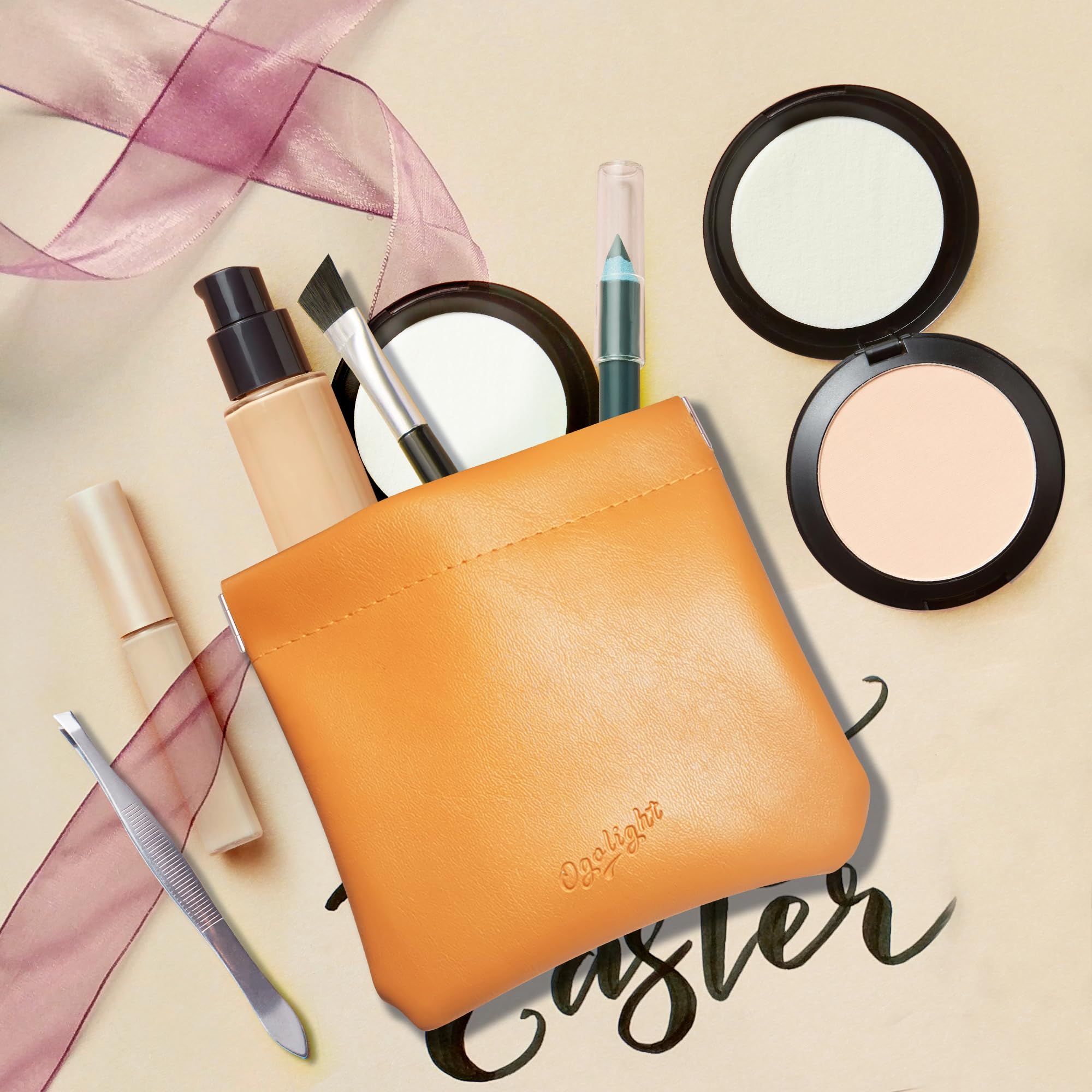 3Pcs Leather Coin Purse for Women - Portable Travel Makeup Pouch for Cosmetics & Jewelry (Orange)
