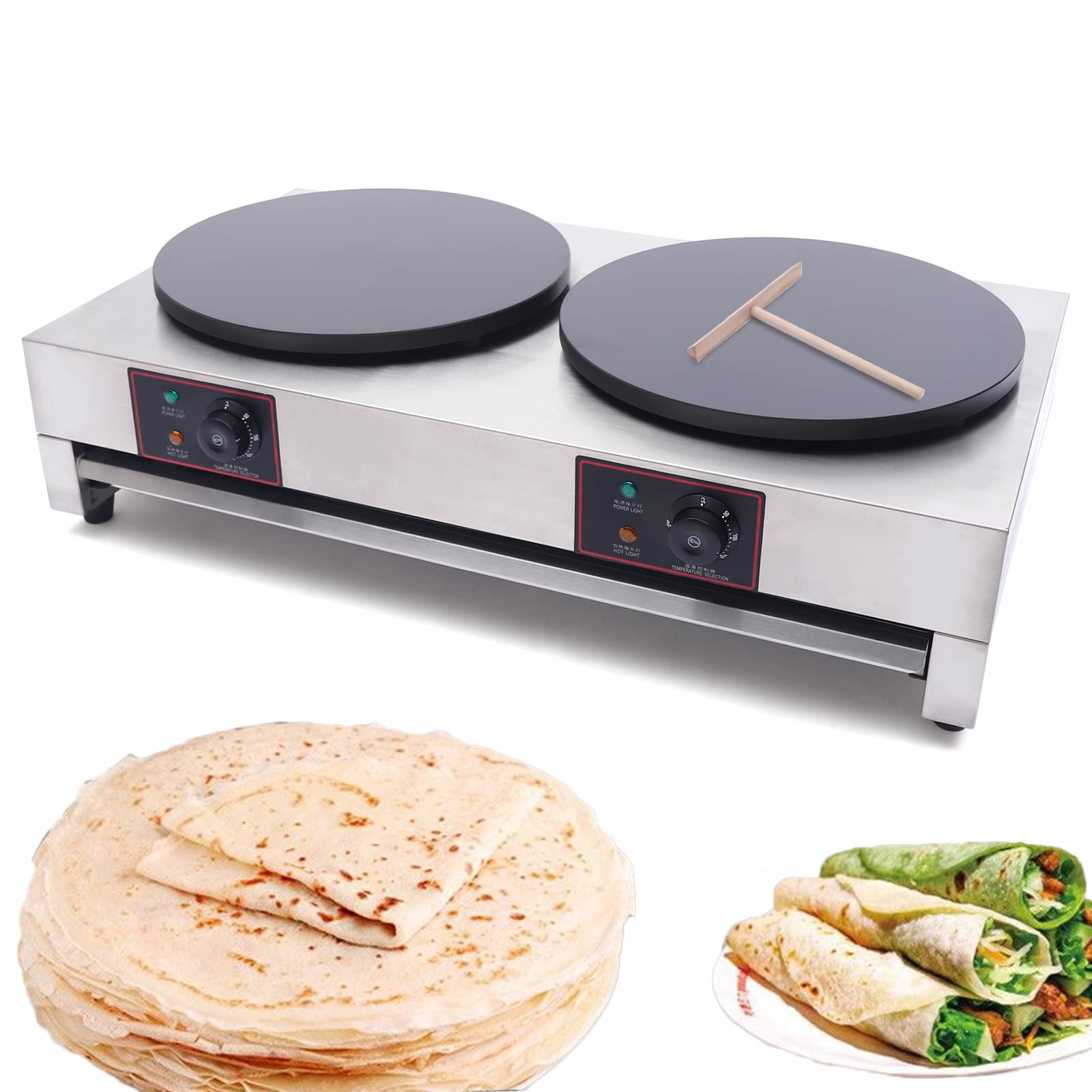 16 Inch Commercial Electric Crepe Maker - 3400W Double Burner Griddle with Temperature Control, Nonstick Pancake Pan for Blintzes, Tortillas, Eggs & Bacon - Perfect for Restaurants, Cafes & Breakfast Catering (Plug Not Included)