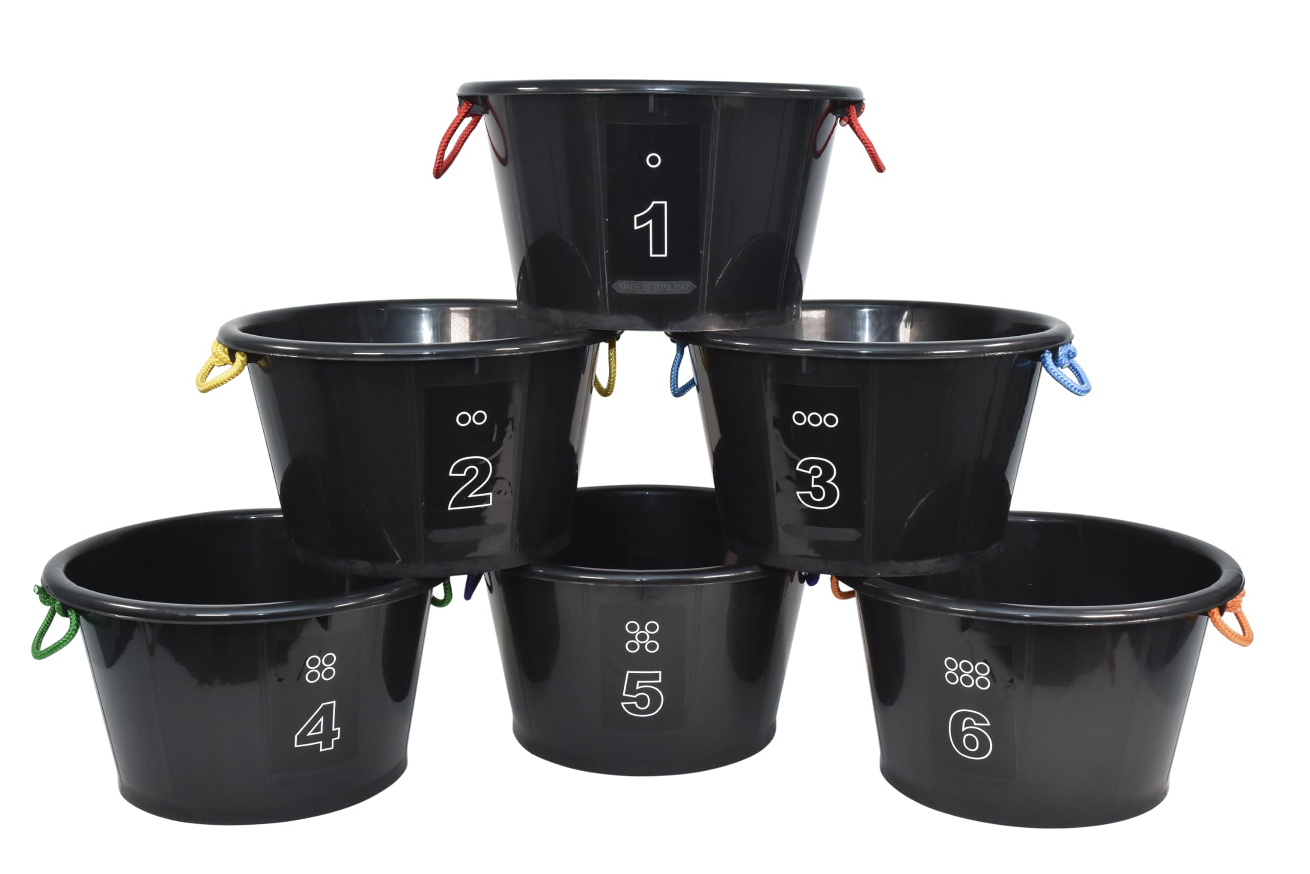Sportime Drum-N-Store Buckets - 18 x 12 Inches Black Plastic Storage Containers (Set of 6) - Perfect for Classroom Organization, Toy Storage & Sports Equipment