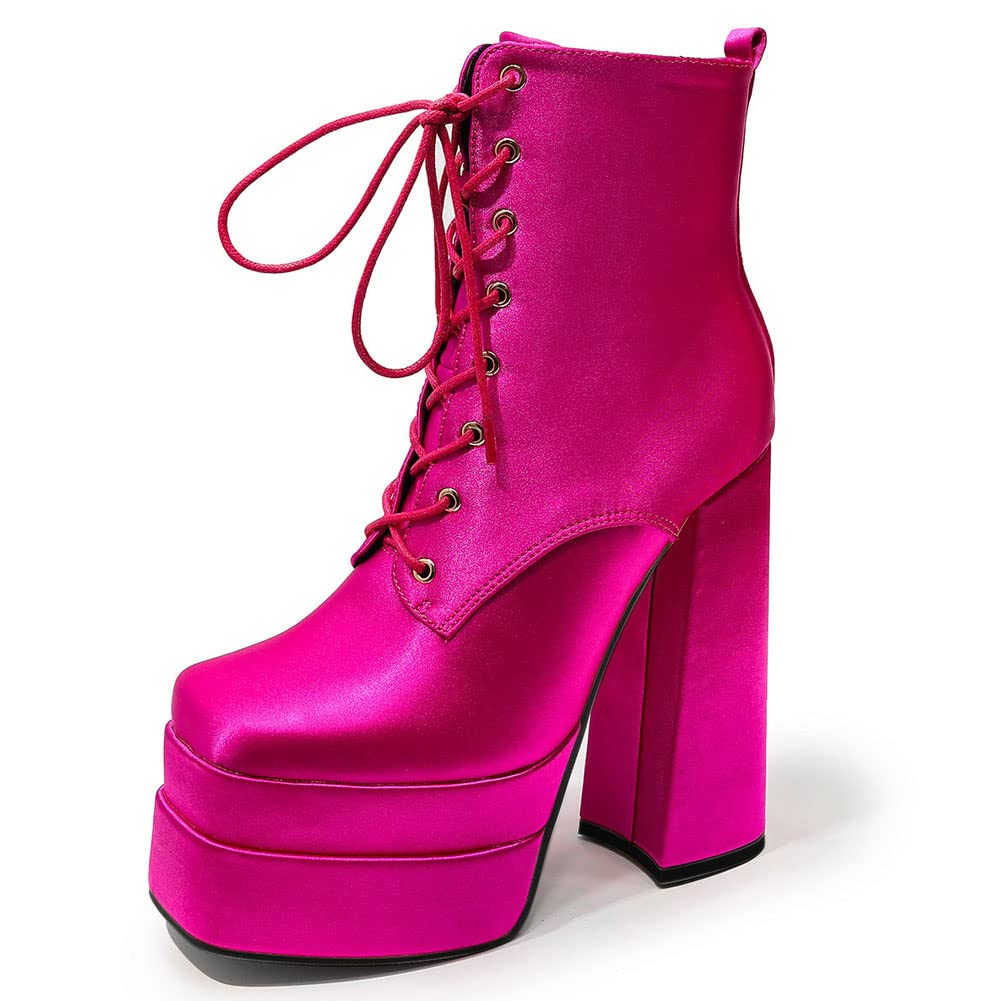 CELNEPHO Women's Chunky Heel Ankle Boots - Square Toe, Lace & Side Zip, Satin Platform Booties for Party & Evening Wear | Comfortable & Stylish for Night Out, Club, Wedding & Special Occasions