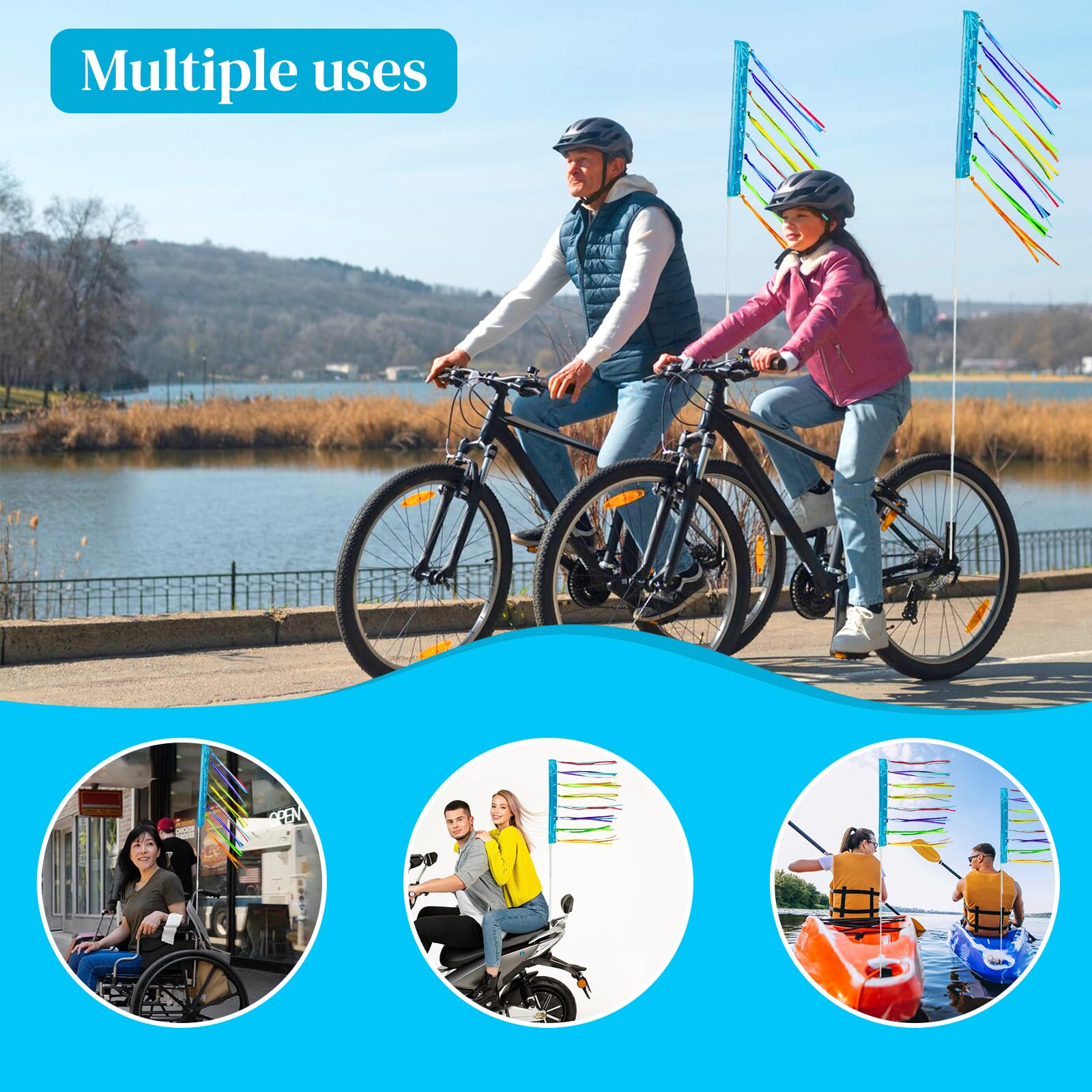 2 Pack 6 ft Bike Safety Flags with Pole - High Visibility Blue Reflective Warning Flags for Bicycles, Go Karts, Trikes, Dirt Bikes & Mobility Scooters | Telescopic Mount, Waterproof Design for Road Safety, Kayaking & Outdoor Activities