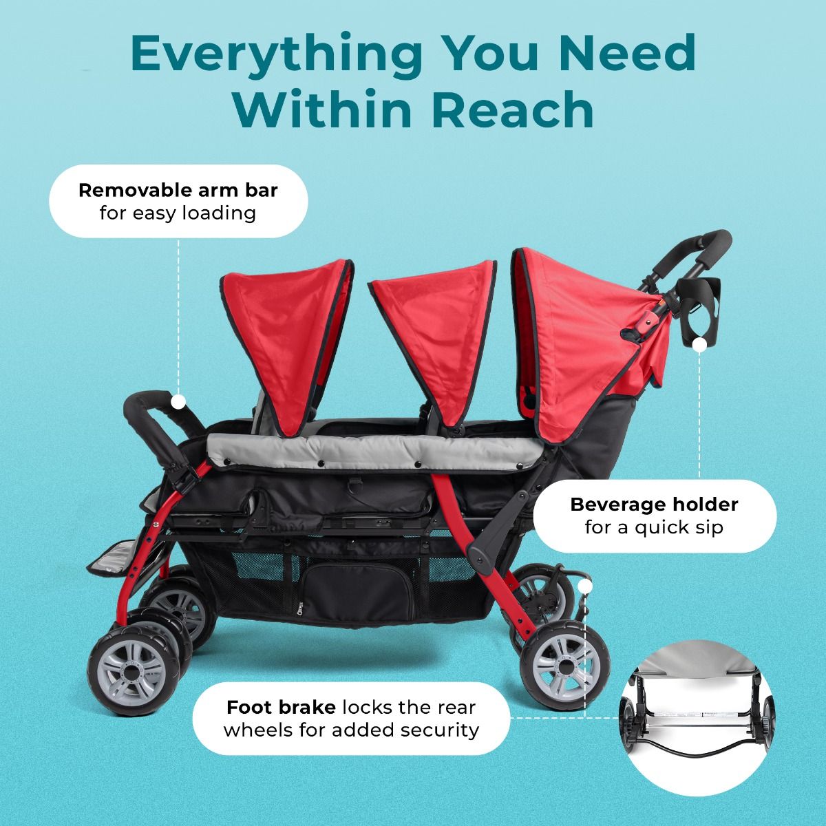 Gaggle Compass Trio 3-Seat Triple Stroller for Toddlers - Lightweight & Compact Baby Stroller for Twins + One - Perfect for Shopping, Travel & Family Outings
