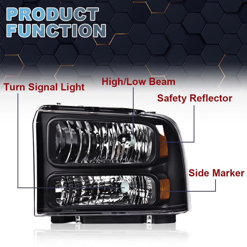 PIT66 Headlights for Ford F250 F350 Super Duty & Excursion - Clear Lens Black Housing - for Night Driving