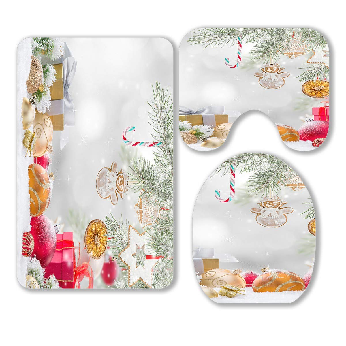 ECZJNT Christmas Holiday Bathroom Rug Set - 3 Piece Gingerbread Man Snow Design Bath Mat, Contour Mat & Toilet Lid Cover for Festive Home Decor | Cozy Winter Bathroom Accessories