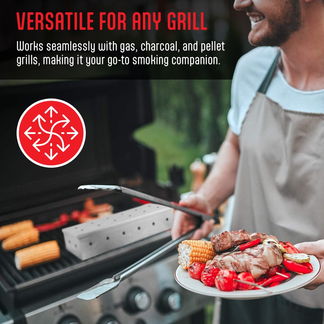 Premium Stainless Steel Smoker Box for Gas & Charcoal Grills - Universal Wood Chip Smoker Box with Hinged Lid for Delicious BBQ Flavor - Perfect for Backyard Grilling, Camping & Outdoor Cooking Accessories