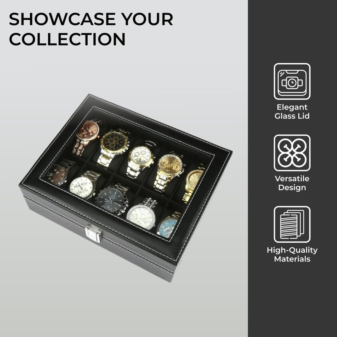 Premium Black Faux Leather Watch Box Organizer for Men & Women - Velvet Lined Display Case Holds 10 Watches - Perfect for Travel, Gift & Jewelry Storage