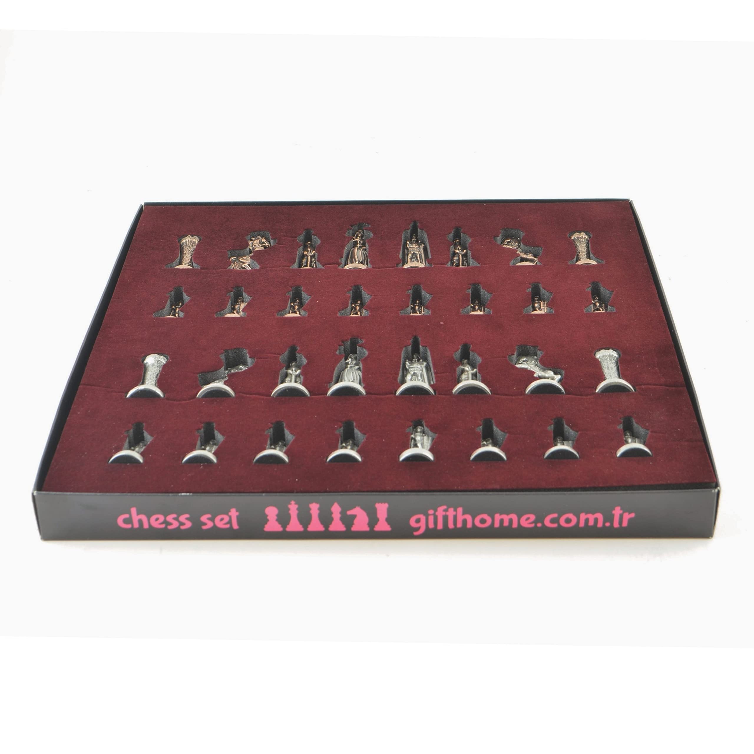 Handmade Medieval British Army Antique Copper Chess Set for Adults with Natural Solid Wooden Board & Pearl Inlay - 2.75