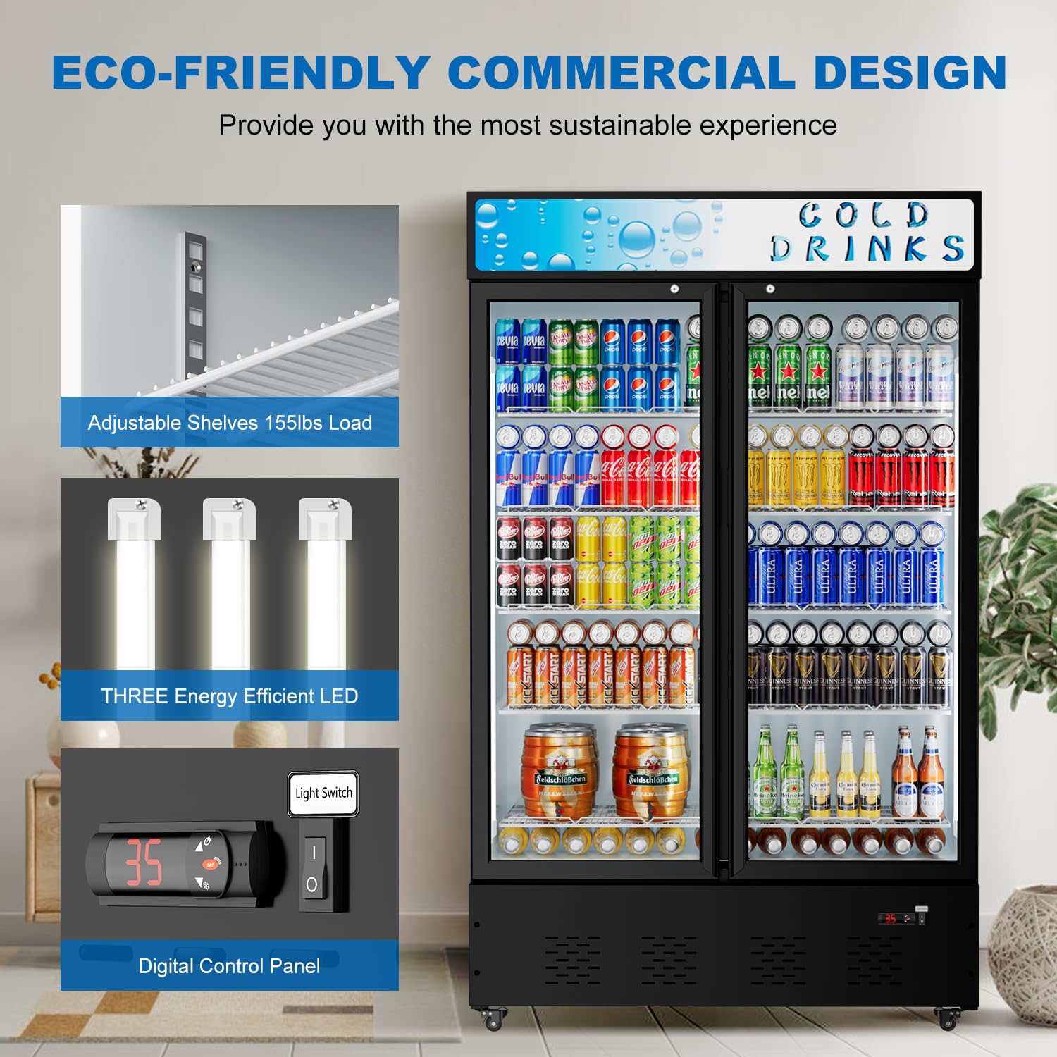 40 Cu.ft. Commercial Beverage Refrigerator with Glass Door, LED Lighting & Adjustable Shelves - Upright Display Cooler for Restaurants, Grocery Stores, Bars, and Home Use - Perfect for Storing Drinks, Snacks, and Perishable Items