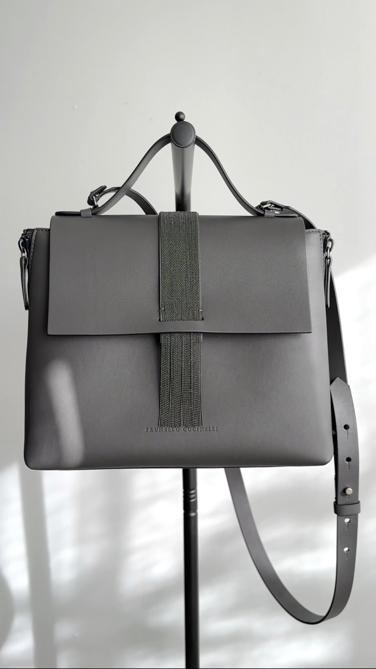 Brunello Cucinelli Grey Leather Monili Two-Way Satchel Bag for Women - Luxury Designer Handbag for Work, Travel & Everyday Use
