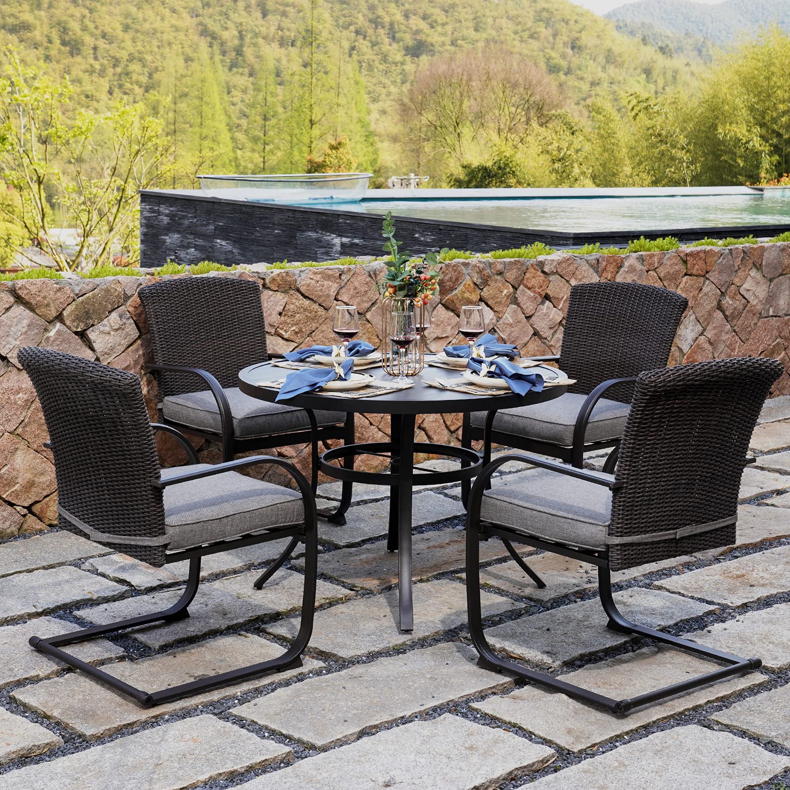 4-Piece Outdoor Patio Dining Chairs Set - Metal Frame with C-Spring Motion & Wicker Design, Includes Gray Seat Cushions - Perfect for Garden, Backyard, Deck, and Poolside Dining Areas
