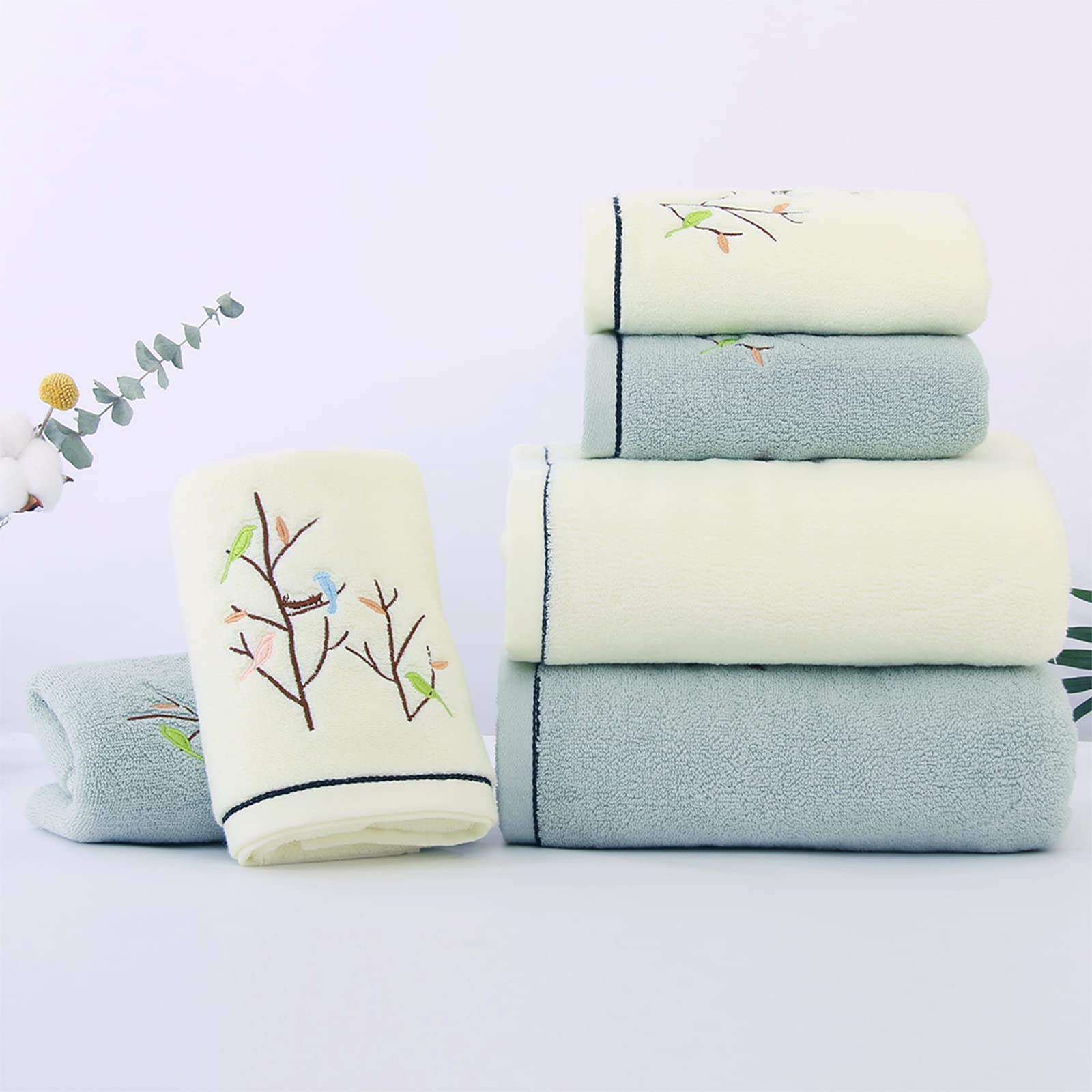 Premium 100% Cotton Embroidered Bird & Tree Bath Towel Set - Ultra Soft & Absorbent 27.6x55 Inch Decorative Bathroom Towels (Light Yellow) for Spa, Guest Bath & Luxury Home Decor