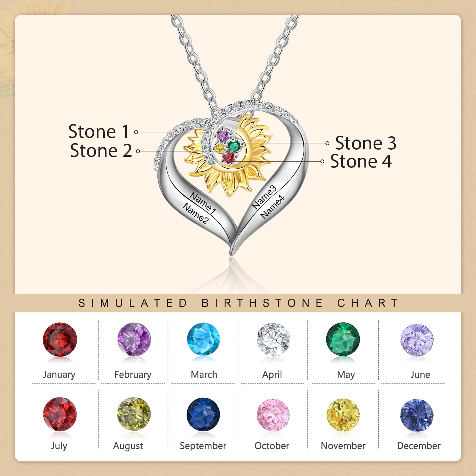 Personalized Sunflower Heart Necklace for Women - Custom Name & Birthstone Jewelry - Mother's Day Gift for Mom, Wife, Grandmother - Perfect for Birthdays, Anniversaries & Special Occasions