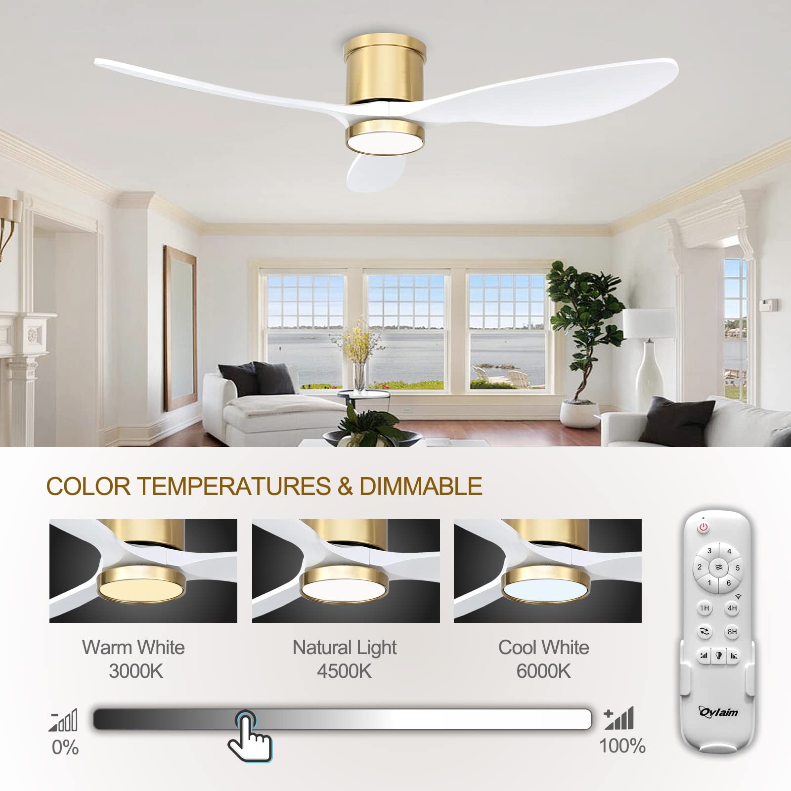 Ovlaim 52 Inch Smart Wood Ceiling Fan with Light and Remote Control - 3 Blade White Gold Modern Low Profile Flush Mount - Quiet DC Motor for Bedroom, Living Room, Office - Perfect for Home Cooling and Stylish Decor