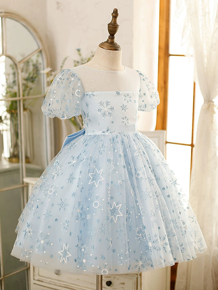 Dusty Blue Princess Square Tea Length Tulle Flower Girl Dress for Weddings & Special Occasions