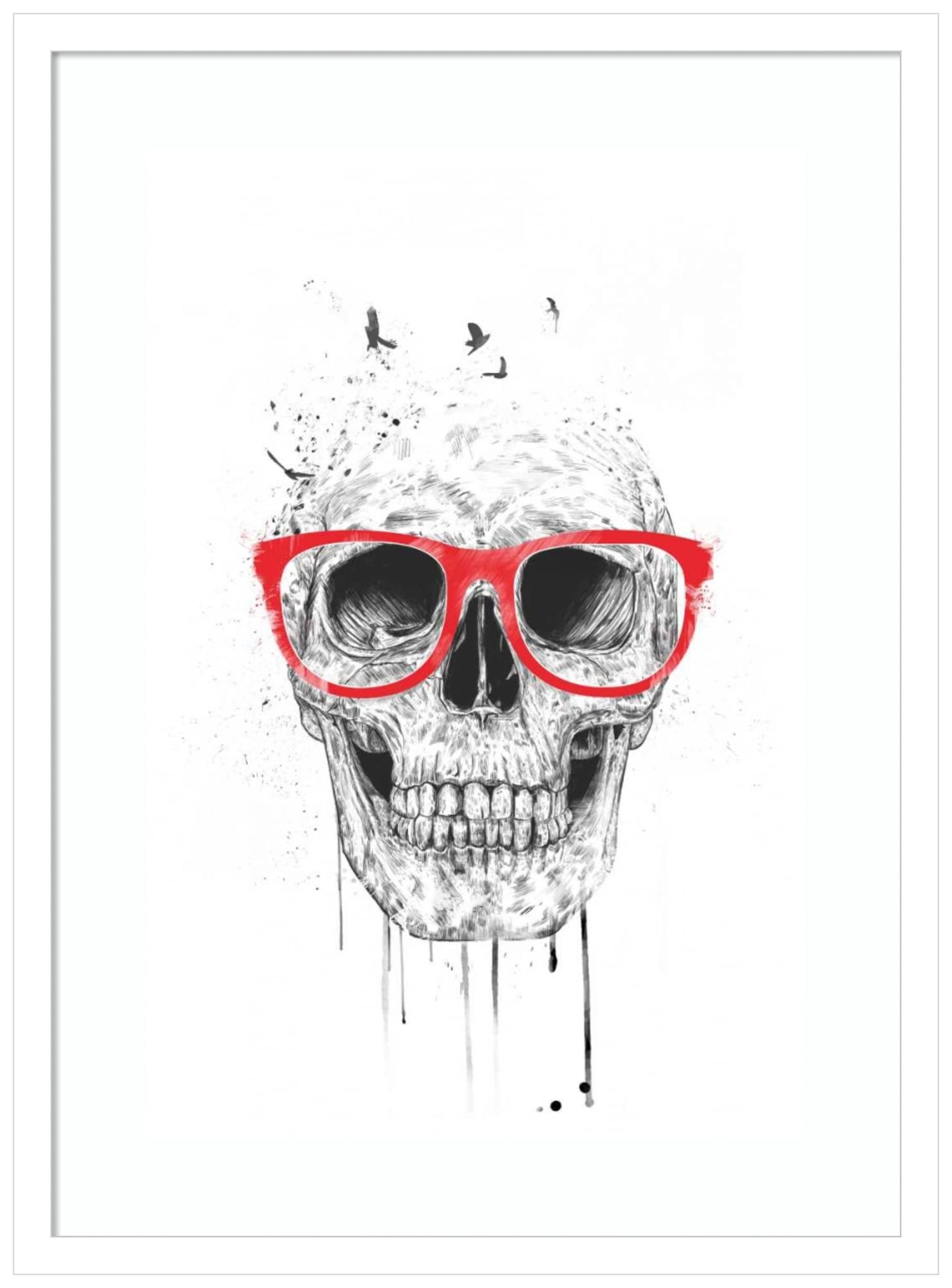 Balazs Solti Skull with Red Glasses Wall Art Print - 19x25 Inch Wood Framed Canvas Painting, Svelte White Frame - Modern Home & Office Decor for Living Room, Bedroom, Bar