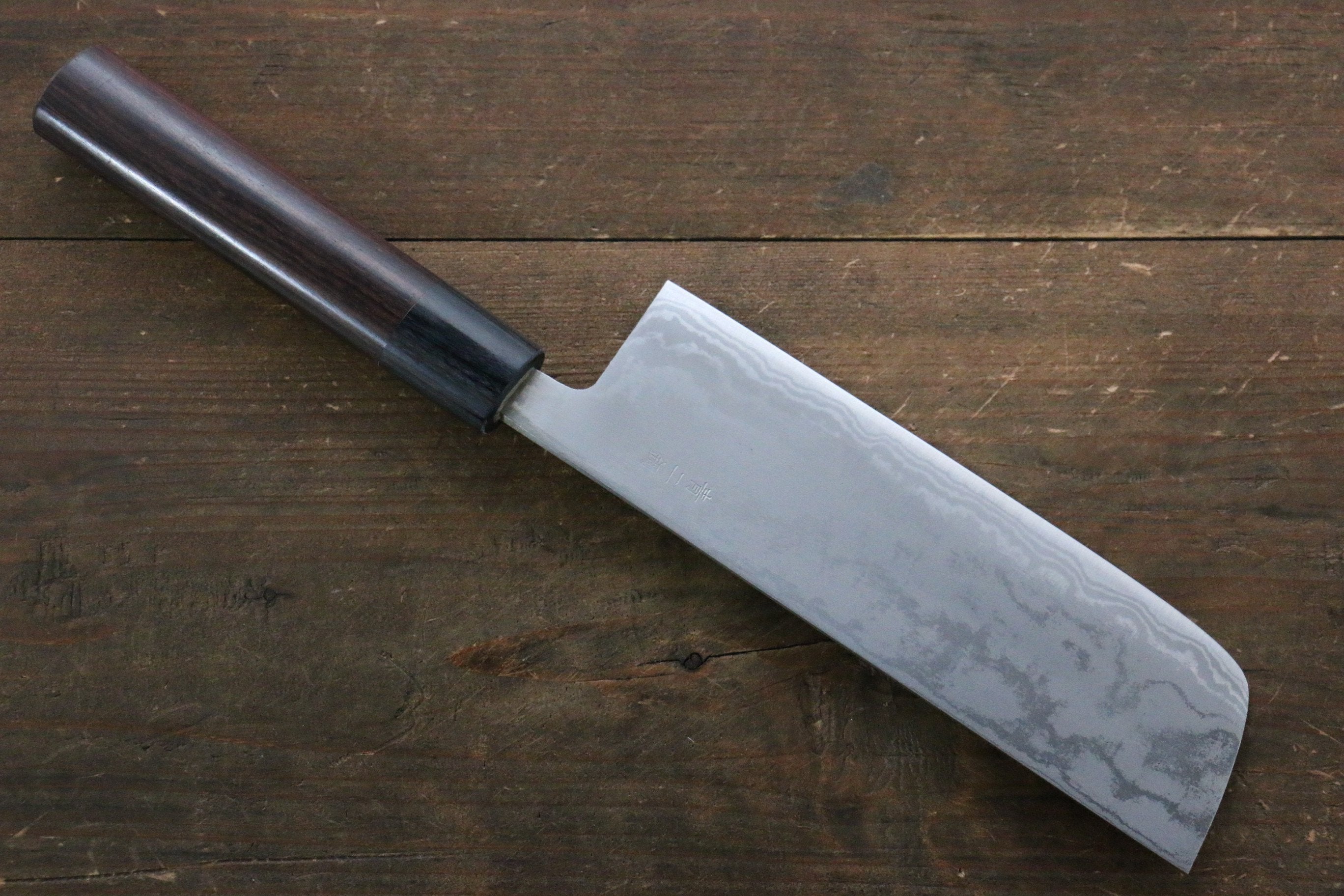 Kanetsune Blue Steel No.2 Damascus Nakiri Knife 165mm - Premium Japanese Kitchen Knife with Shitan Handle for Professional Chefs & Home Cooking - Perfect for Slicing, Dicing Vegetables & Herbs