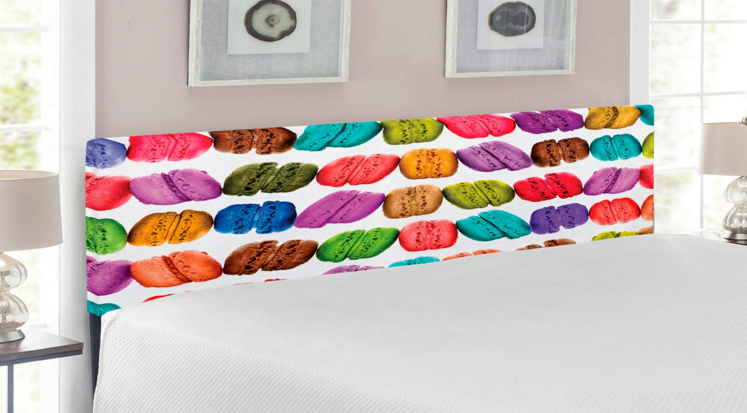 Ambesonne Colorful King Size Upholstered Headboard - French Macarons Pastry Design with Memory Foam | Decorative Metal Bed Headboard for Bedroom & Guest Room | Coffee Shop Inspired Bakery Theme Home Decor