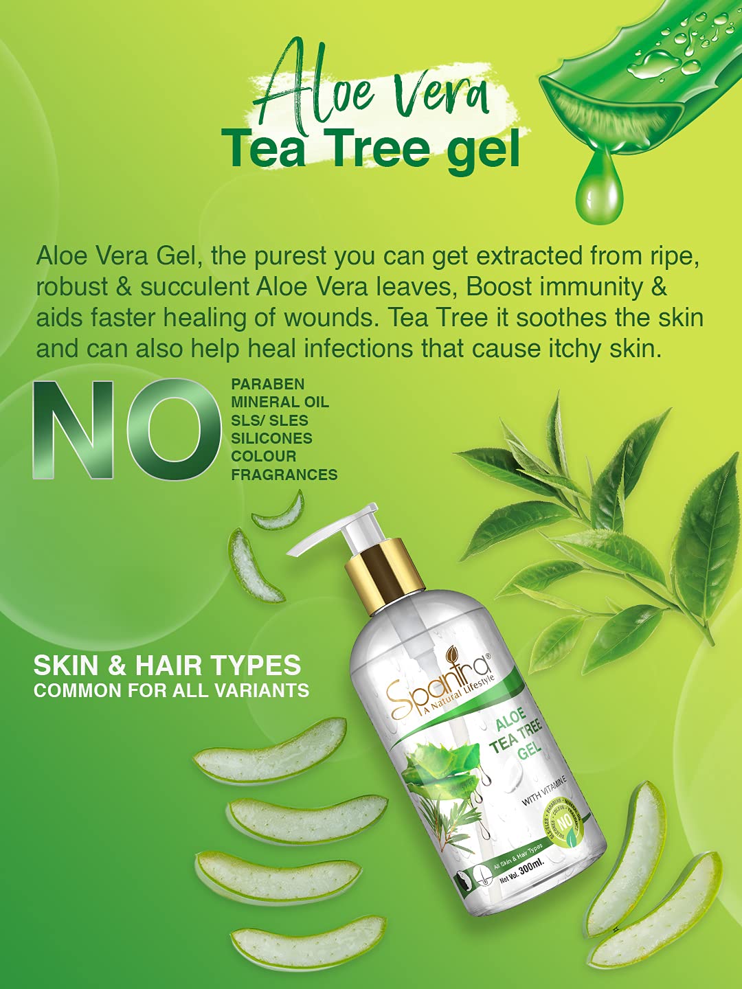 Spantra Aloe & Tea Tree Multipurpose Gel - Acne Treatment, Healthy Hair Moisturizer, 300ml | Perfect for Skin Care & Styling