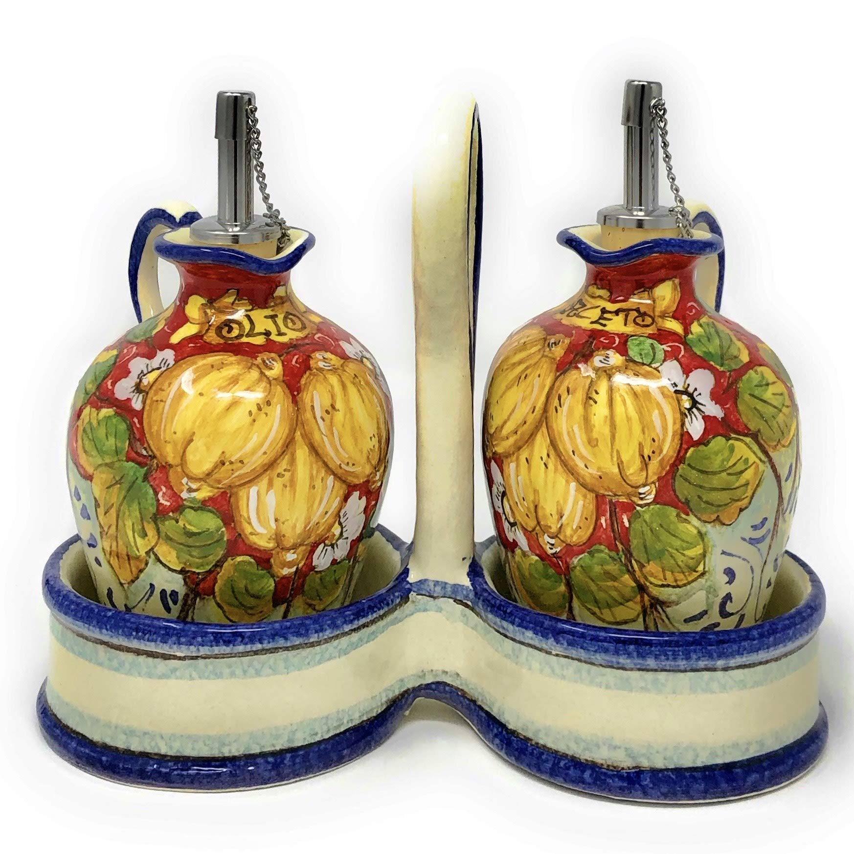 Italian Hand-Painted Ceramic Oil and Vinegar Cruet Set - Tuscan Art Pottery with Red Lemons Design, Made in Italy | Perfect for Kitchen, Dining Table, and Italian-Themed Decor