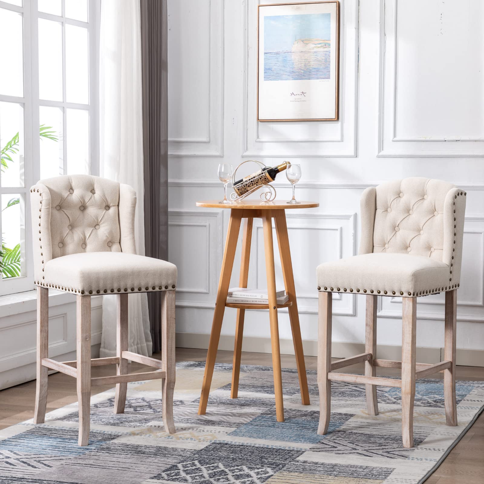 HEAH-YO Modern Bar Stools Set of 2 - 30 Inch Counter Height Barstools with Backrest & Wooden Legs, Upholstered Linen Fabric Kitchen Stools for Island, Breakfast Bar or Dining Room - Beige