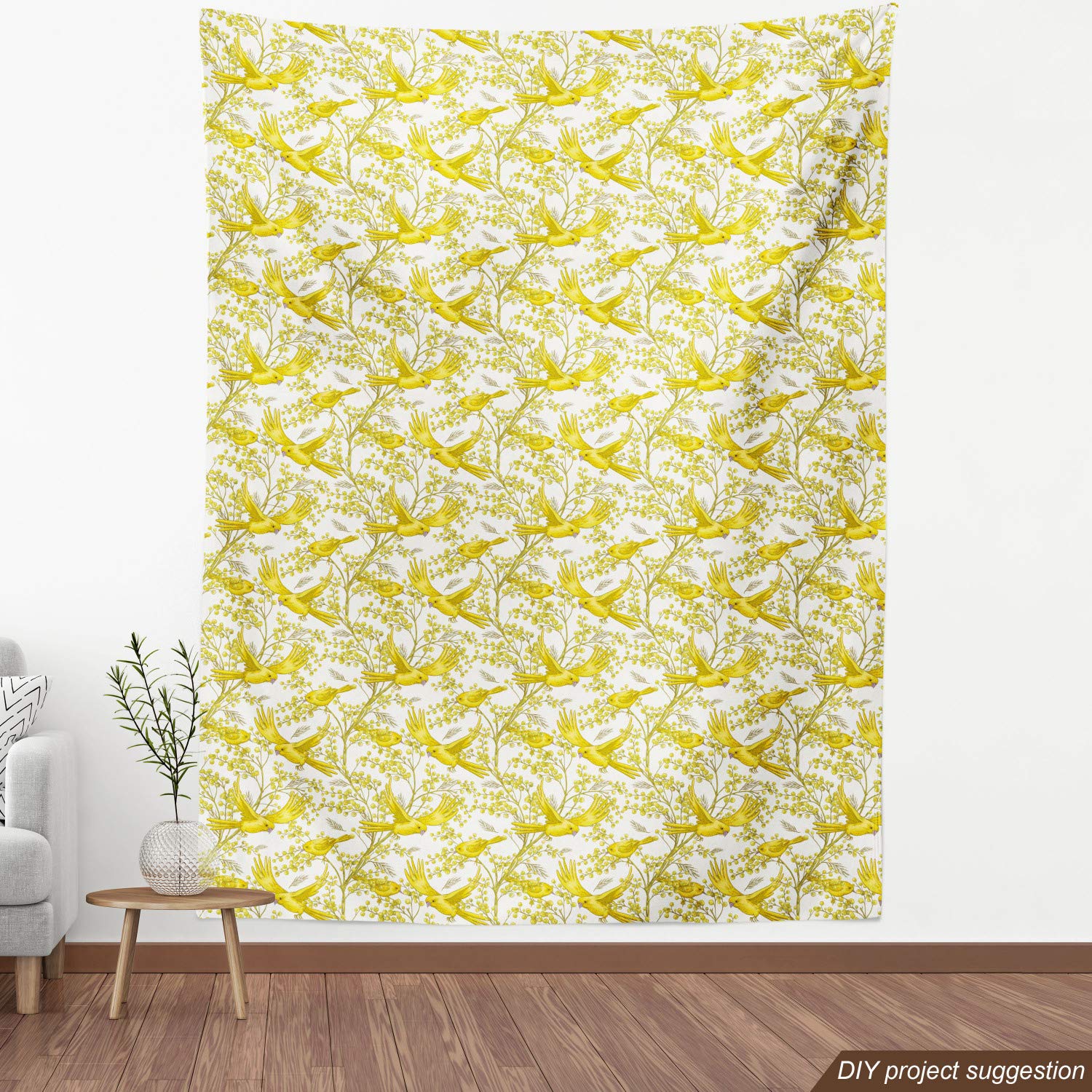 Ambesonne Spring Fabric by The Yard - Romantic Summer Mimosa Flowers & Birds Print | Decorative Upholstery Fabric for Sofa, Curtains & Home Decor | 3 Yards Yellow Earth Yellow | Perfect for DIY Crafts, Pillow Covers & Table Runners