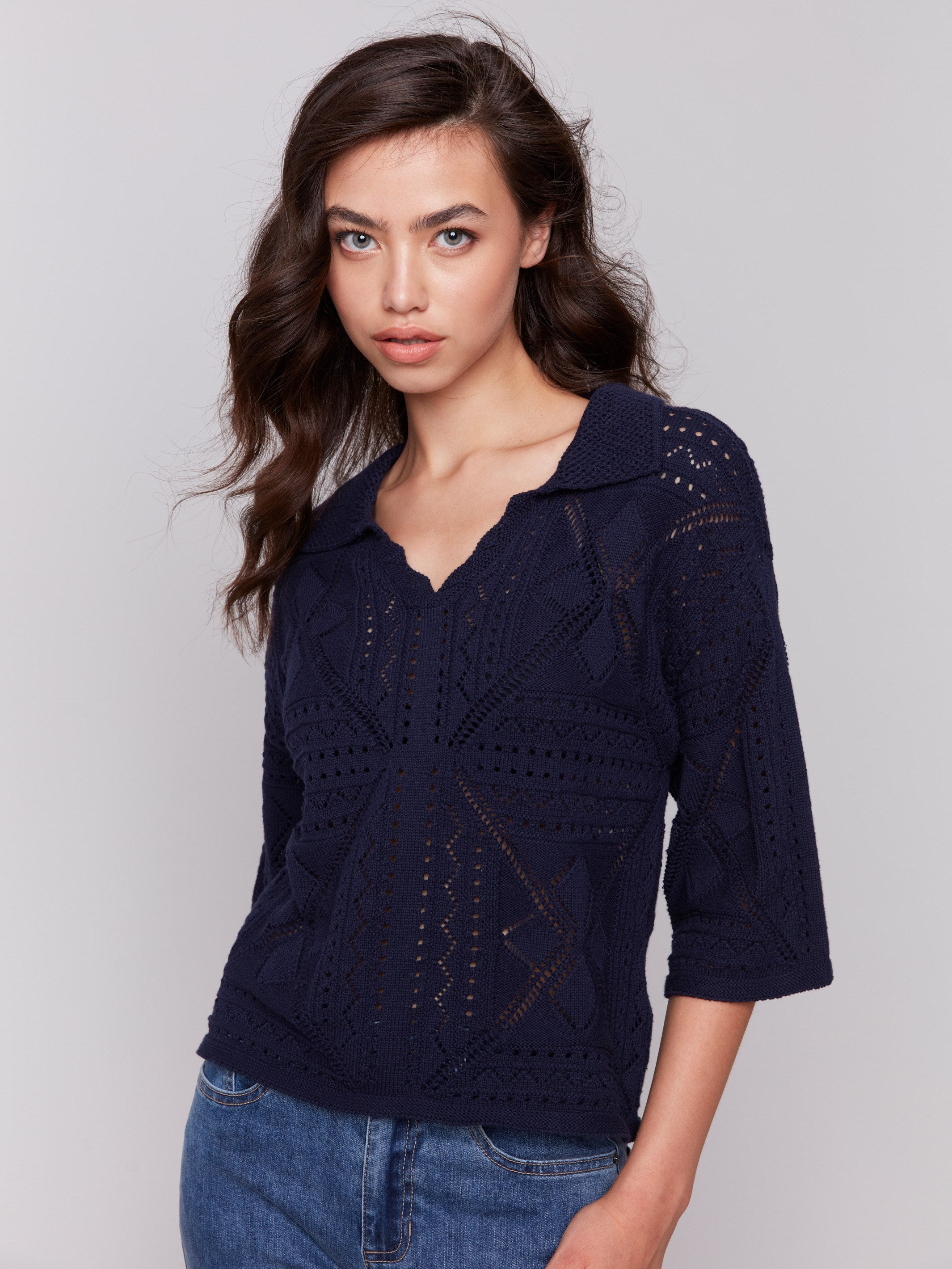Johnny Collar Pointelle Sweater for Women - Soft Navy Blue Knit Pullover | Perfect for Casual Outfits & Layering in Fall/Winter
