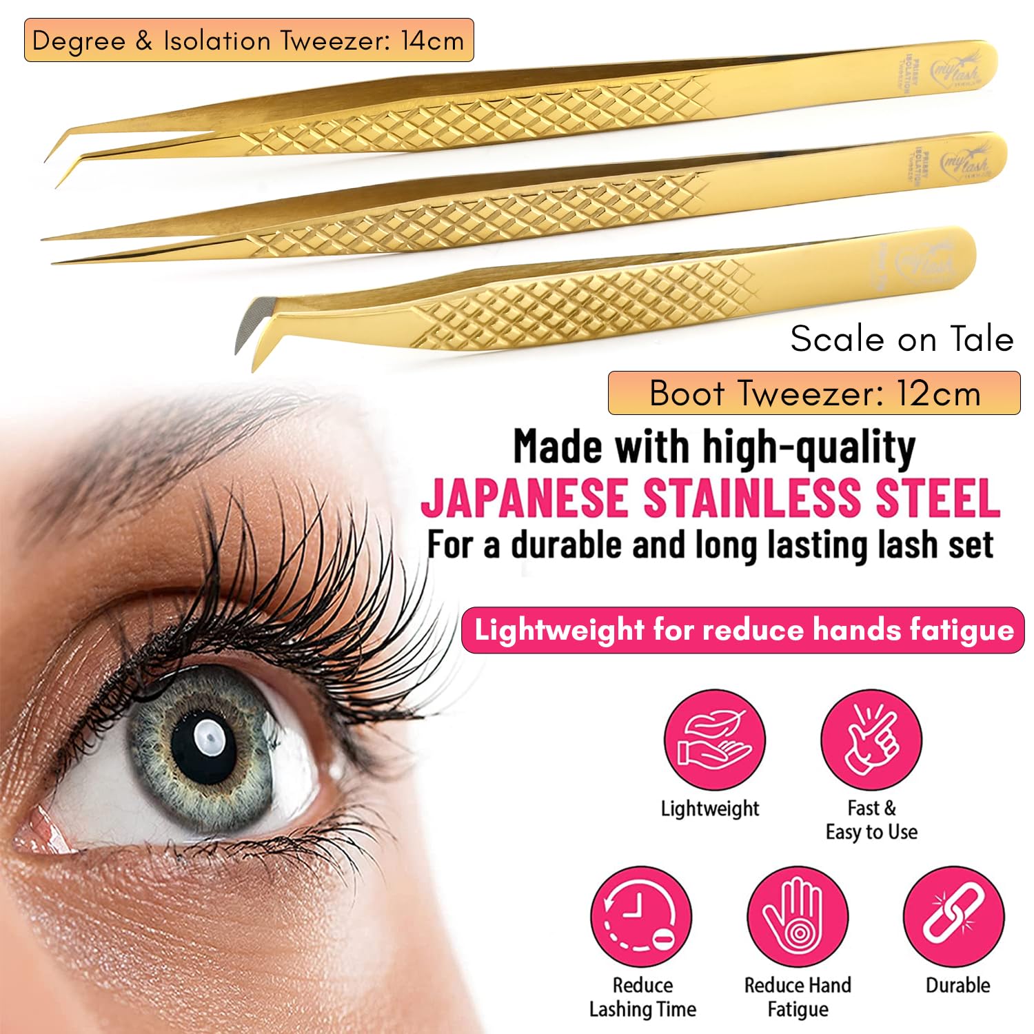 Professional Eyelash Extension Tweezers - 14cm Curved Isolation Tweezers for Classic & Individual Lashes, Japanese Stainless Steel (Gold, 3-Piece Set) | Perfect for Salon Use & DIY Lash Extensions at Home
