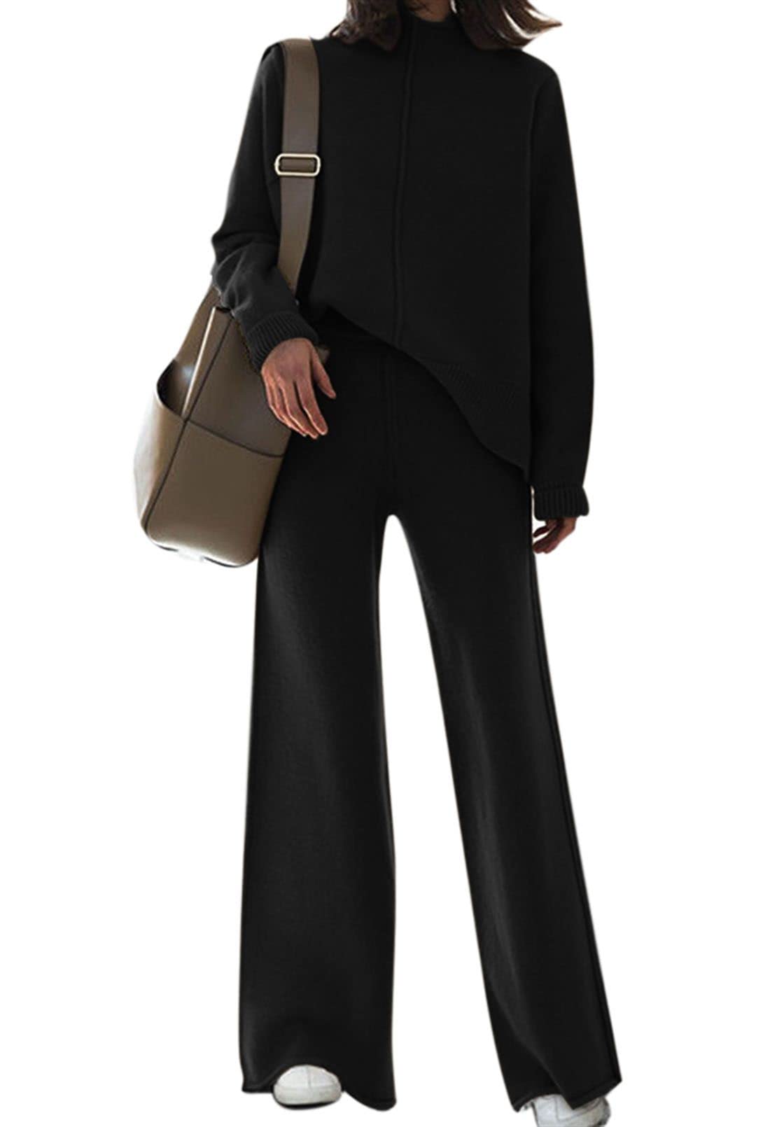 Fixmatti Women's Knit Sweatsuit Set - Turtleneck Sweater & Wide Leg Pants 2-Piece Outfit | Cozy Winter Loungewear for Home & Casual Outings