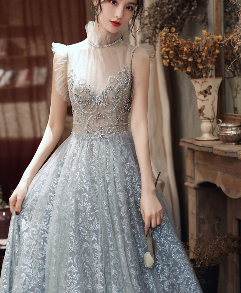 Elegant High Neck Tulle Gray Long Prom Dress with Beading - Formal Evening Gown for Homecoming, Ball, Wedding & Special Occasions