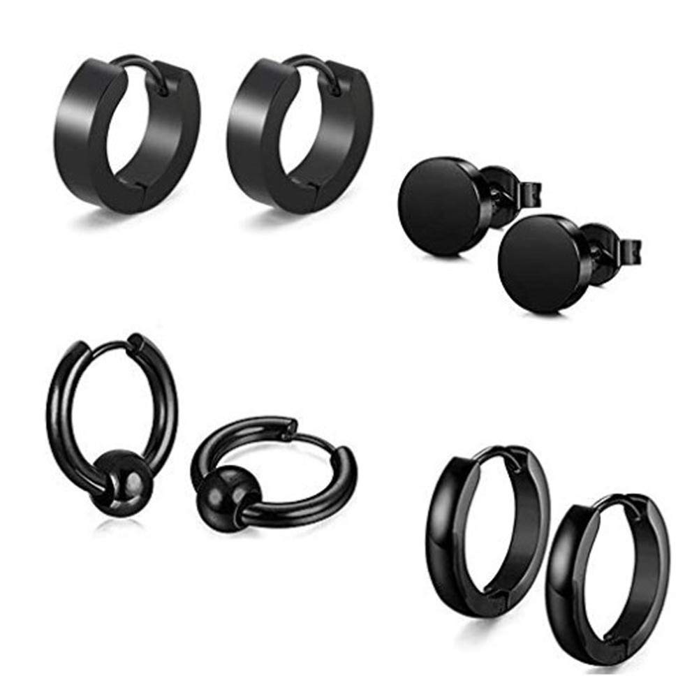 3-8 Pairs Stainless Steel Cubic Zirconia Stud & Hoop Huggie Earrings Set for Women & Men - Hypoallergenic Piercing Jewelry for Everyday Wear, Parties & Gifts (Black, 4 Pairs)