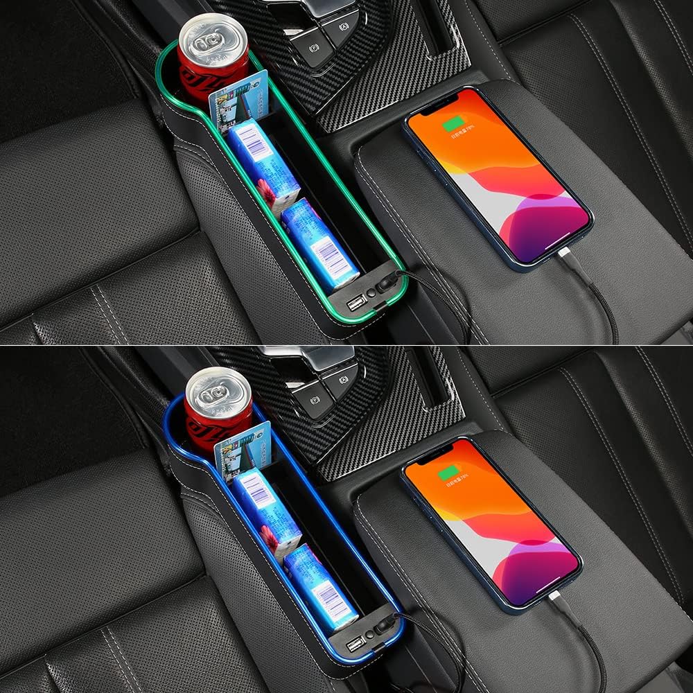 7 Color Changing LED Car Seat Gap Filler Organizer with Cup Holder & USB Fast Charger - 2 Pack Front Seat Storage Box with Flashlight (Blue/Red/Green/Black) - Perfect for Road Trips, Commuting & Keeping Your Car Organized
