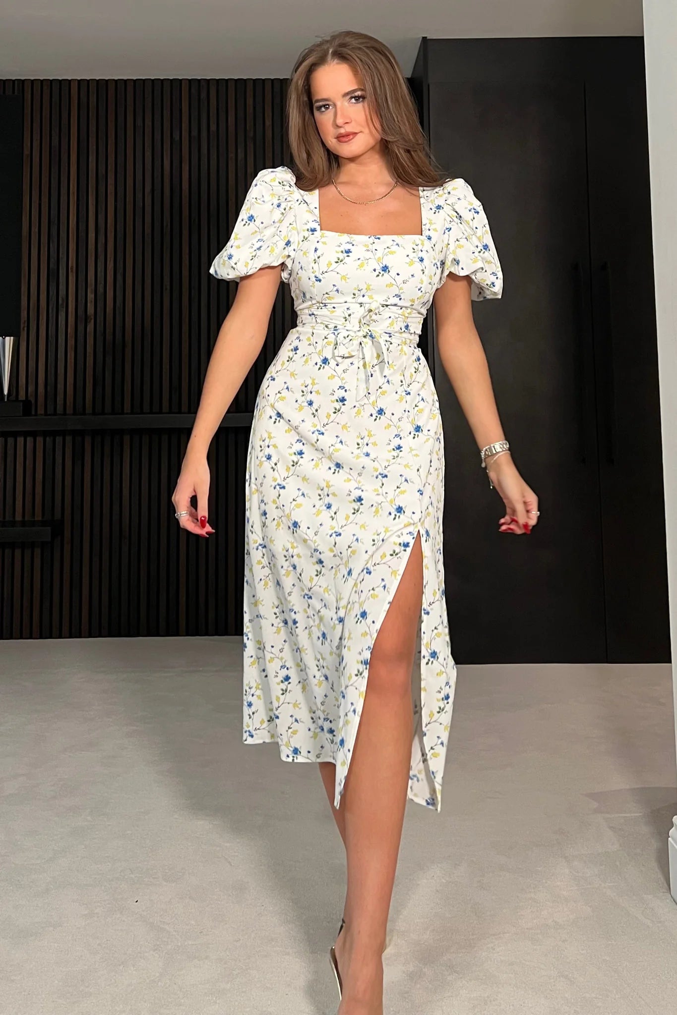 Meara Square Neck Midi Dress - Blue Floral Print Summer Dress for Women | Perfect for Beach Vacation, Garden Party & Date Night Outfits