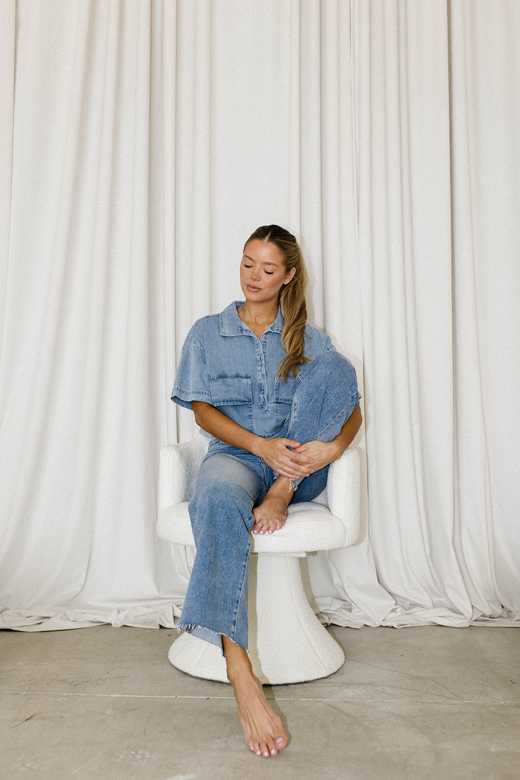 Carla 100% Cotton Chambray Cropped Shirt - Women's Casual Short Sleeve Button Down Top for Summer Outfits, Beach Wear & Boho Style