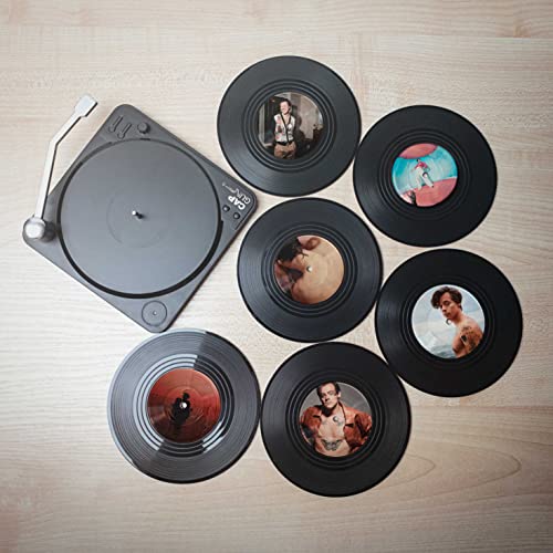 Retro Vinyl Record Cup Coasters Set of 6 with Turntable Holder - Unique Music Lover Gift, Rap Album Cover Design - Perfect for Home Bar, Office Desk & Record Player Enthusiasts