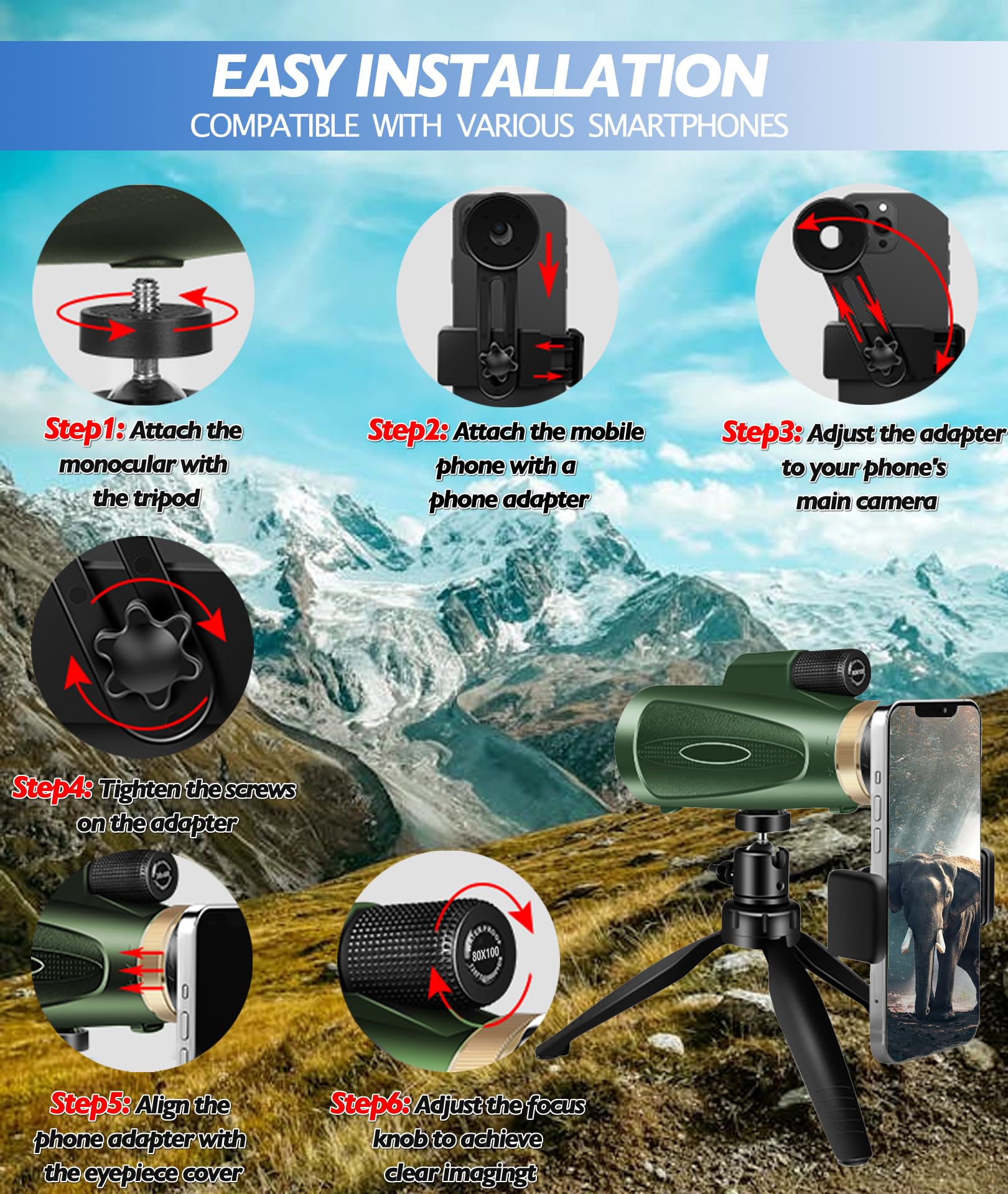 80x100 HD Monocular Telescope for Adults - High Powered Zoom Monocular with Smartphone Adapter for Bird Watching, Hunting, Hiking & Wildlife Observation | Perfect for Outdoor Adventures & Long Distance Viewing