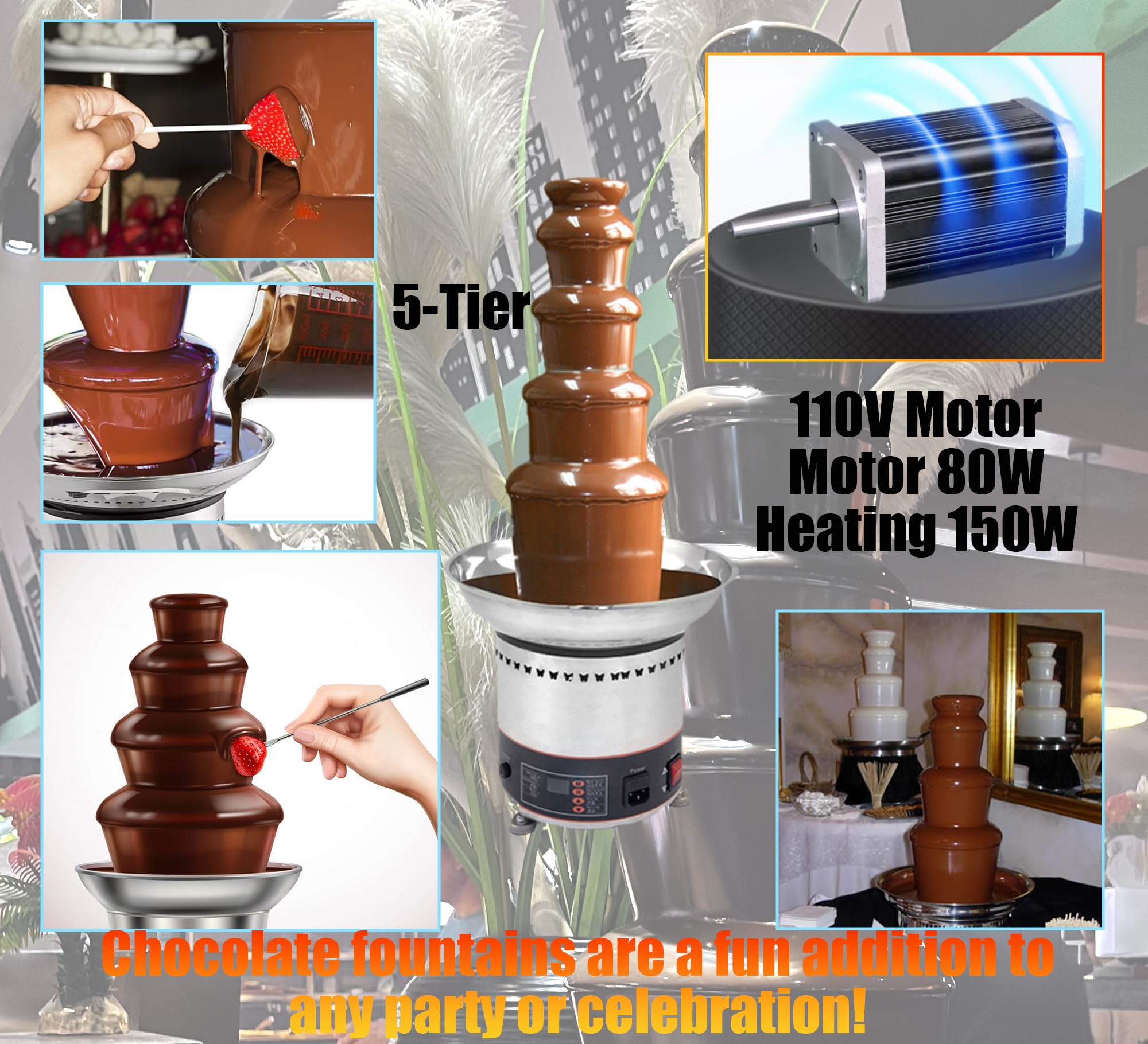 INTSUPERMAI 5-Tier Commercial Chocolate Fountain Machine - 304 Stainless Steel Digital Control Melting Warmer for Weddings, Parties, Events & Restaurants (110V) | Perfect for Dessert Buffets, Catering Services & DIY Chocolate Dipping Stations