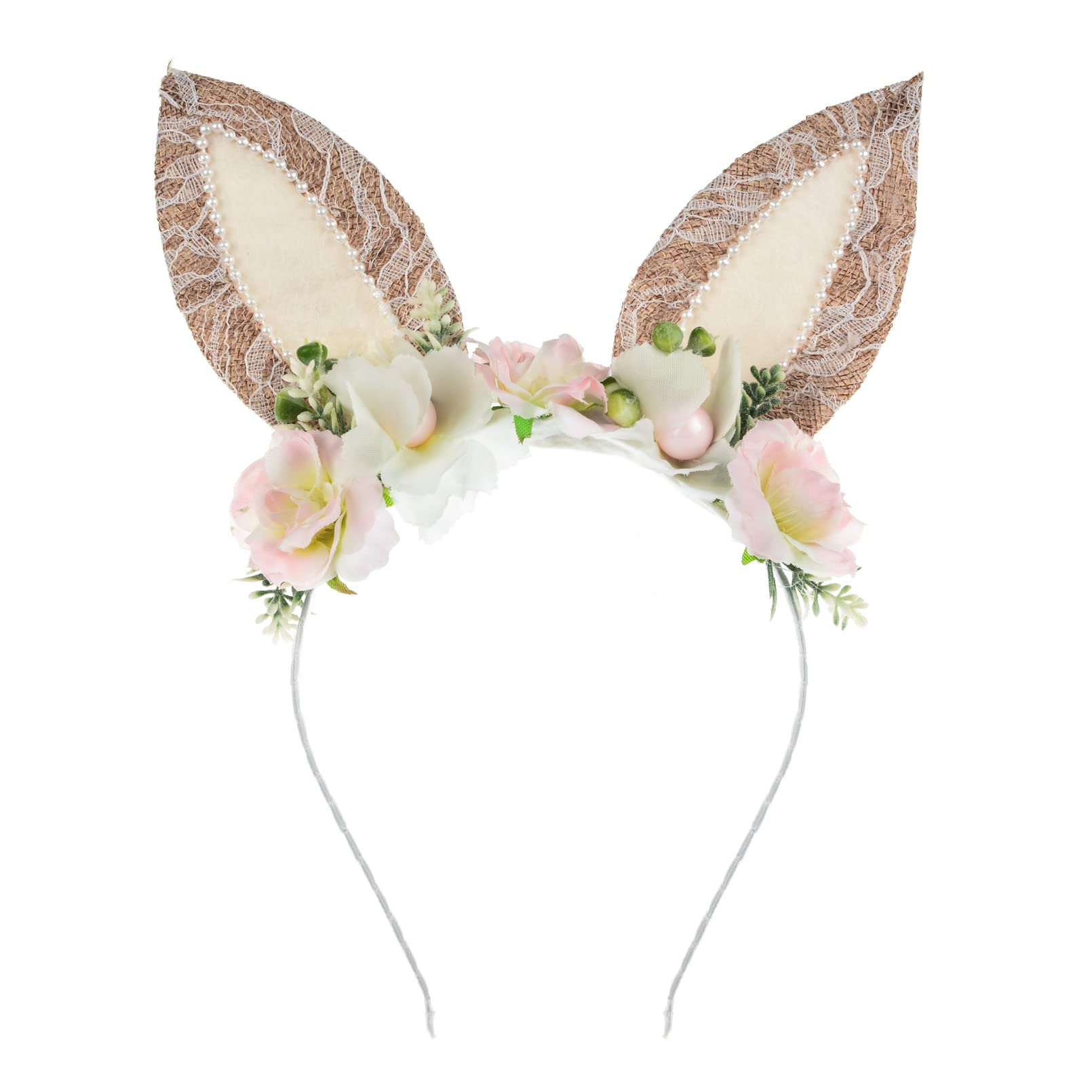 Merroyal Bunny Ears Headband - Cute Easter Rabbit Ears Hair Accessories with Flowers for Kids & Adults - Perfect for Easter Parties, Cosplay & Spring Festivals