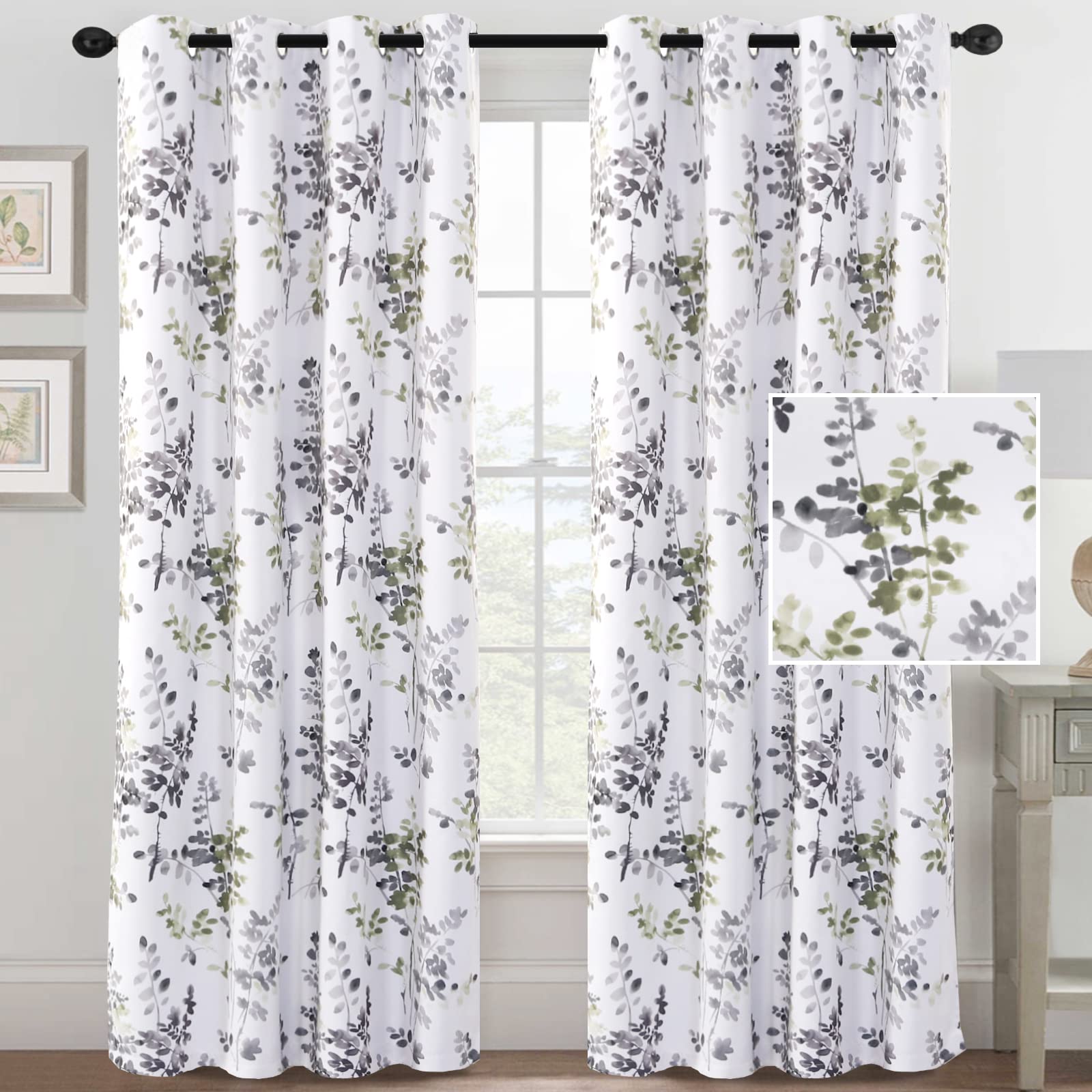H.VERSAILTEX 84 Inch Floral Curtains - Thermal Insulated Blackout Drapes with Grommet Top, Light Blocking Room Darkening Curtains for Living Room & Bedroom, 2 Panels, Grey and Sage - Perfect for Home Decor, Privacy & Energy Efficiency