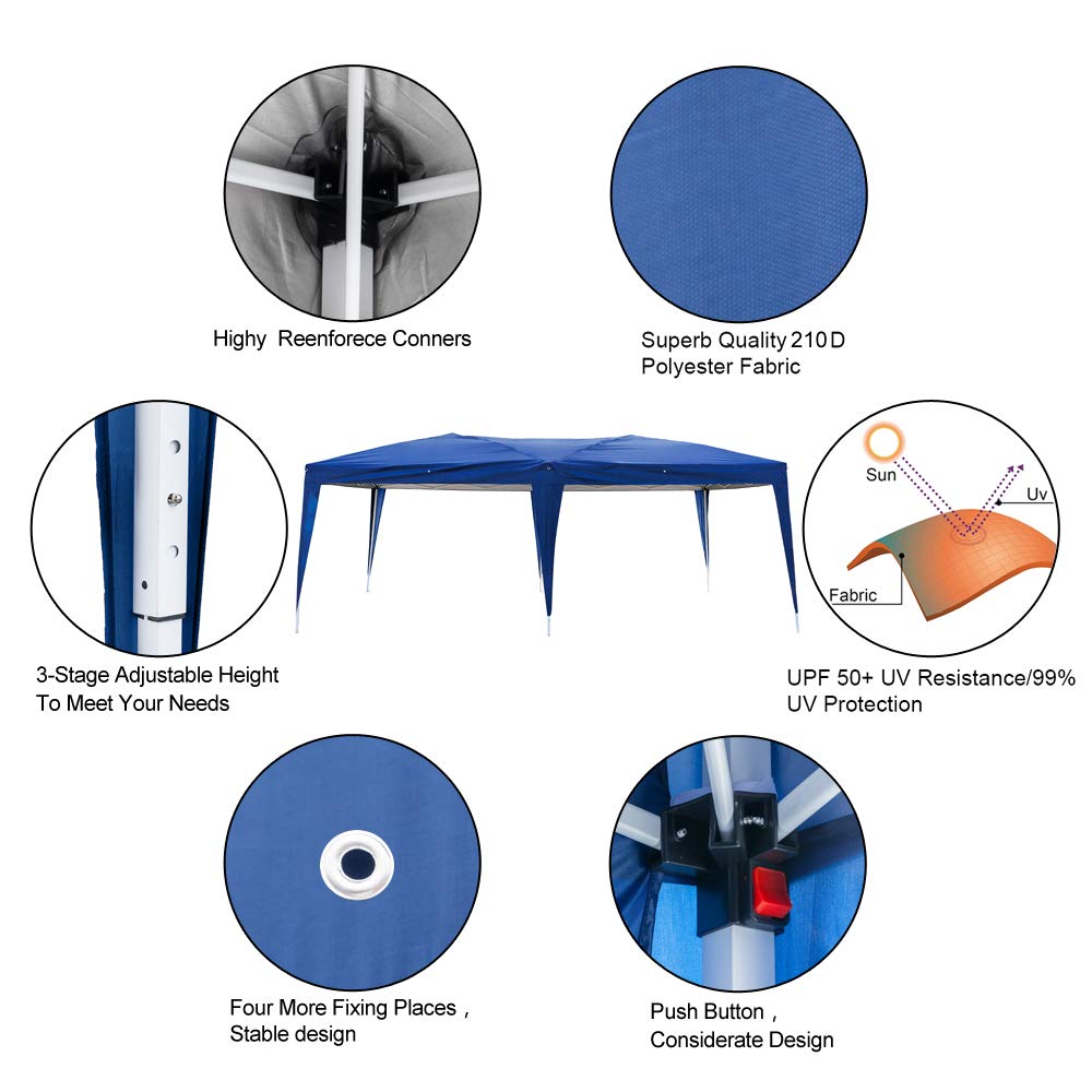10' x 20' Heavy Duty Waterproof Pop Up Canopy Tent - Outdoor Party Gazebo with 4 Removable Sidewalls & 2 Bright Windows - Portable Folding Shelter with Carry Bag (Blue) - Perfect for Backyard BBQs, Camping, Weddings, and Outdoor Events