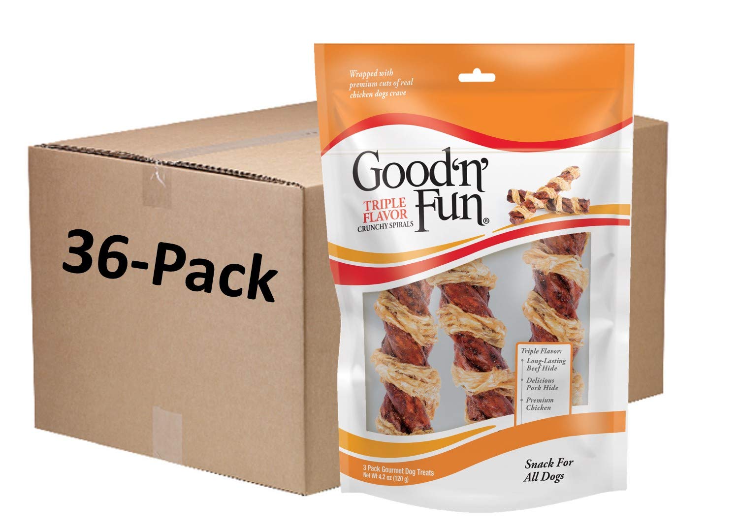 Good'n'Fun Crunchy Spirals Beef & Chicken Dog Treats - 5 Inch, 3ct Bags (Case Pack of 36) | Natural Chews for Training, Rewards & Dental Health